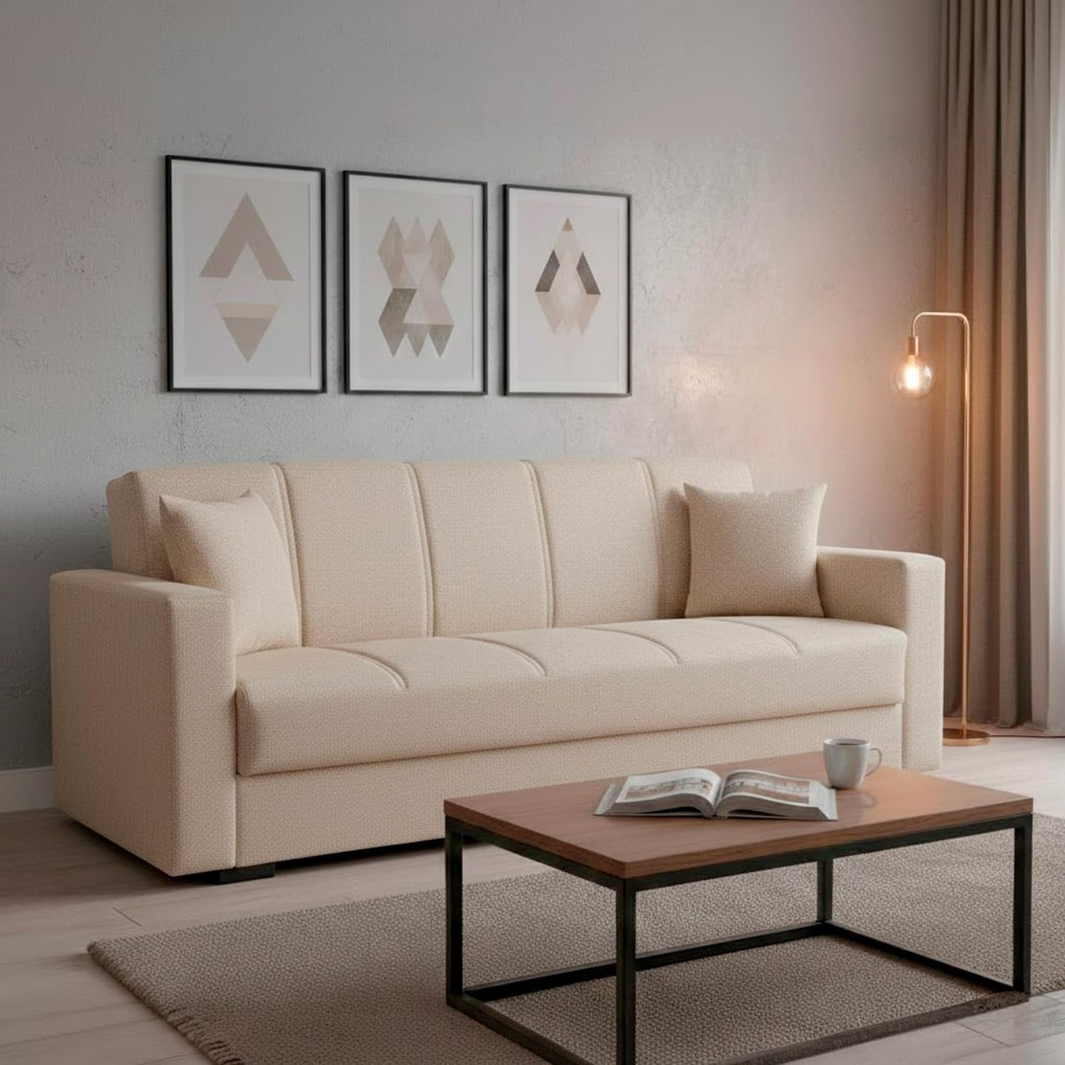 Arreditaly Divano Letto 3 Posti Con Contenitore Moderno Salvaspazio Con Meccanismo Click-Clack E Imbottitura A Molle Design Moderno Ideale Per Soggiorno Salotto Ufficio (Beige, 3)