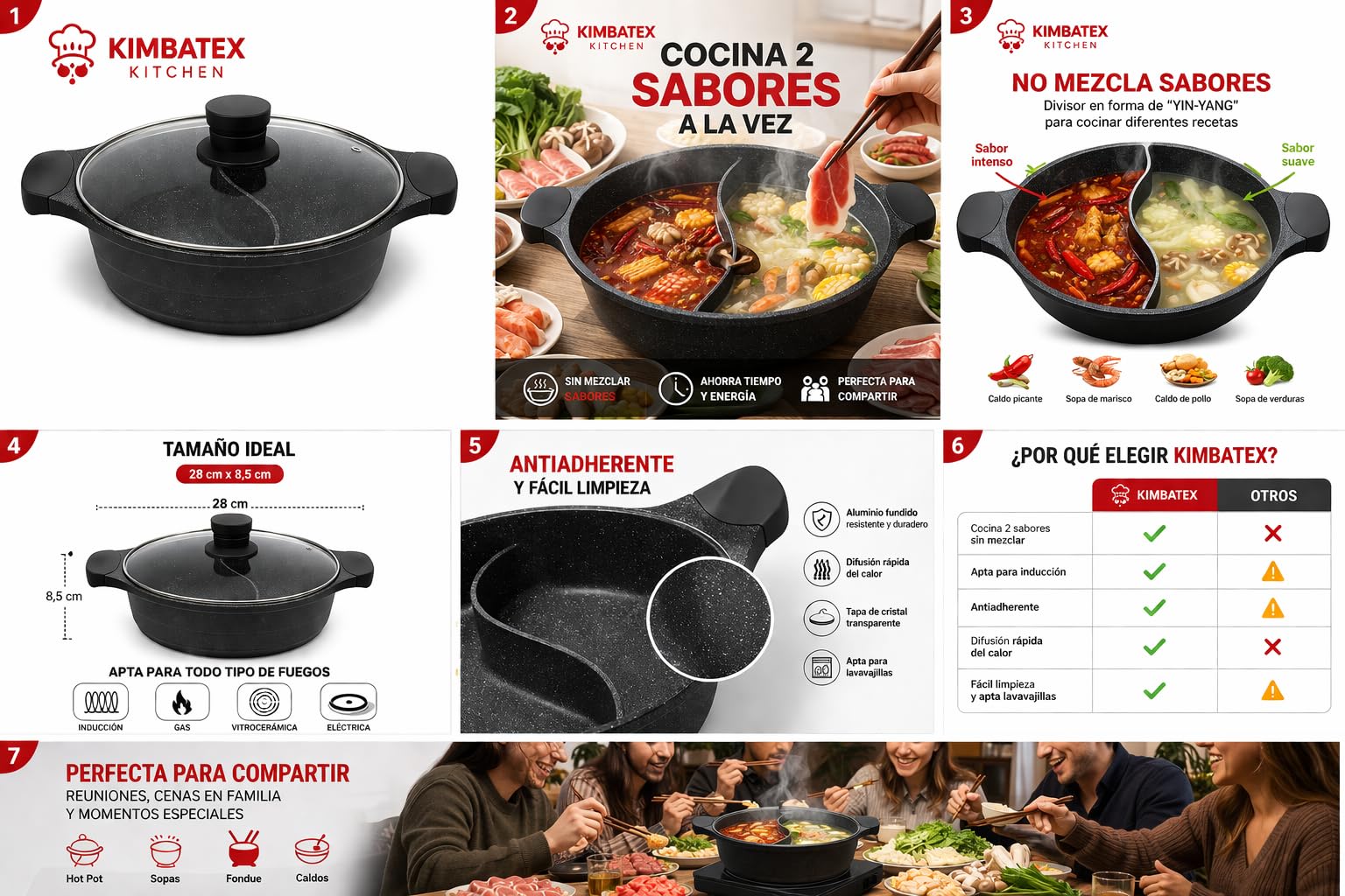 Kimbatex Cacerola Dividida Hot Pot 28 cm, Aluminio Fundido Antiadherente, con Tapa de Cristal, Apta para Inducción y Todo Tipo de Fuegos