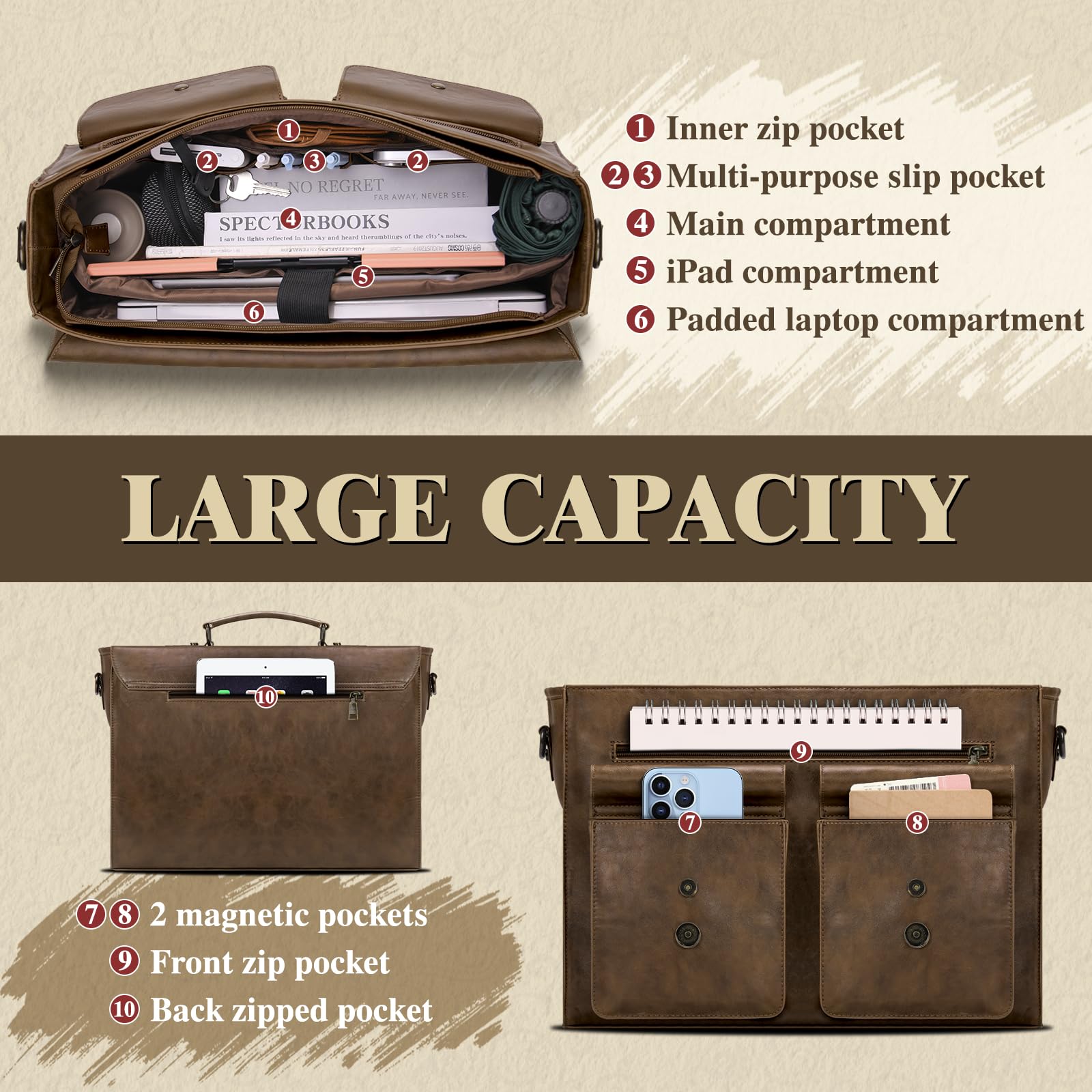 RAINSMORE Aktentasche Herren PU Leder Laptoptasche 15.6 Zoll Messenger Bag Umhängetasche Business Büro DunkelBraun