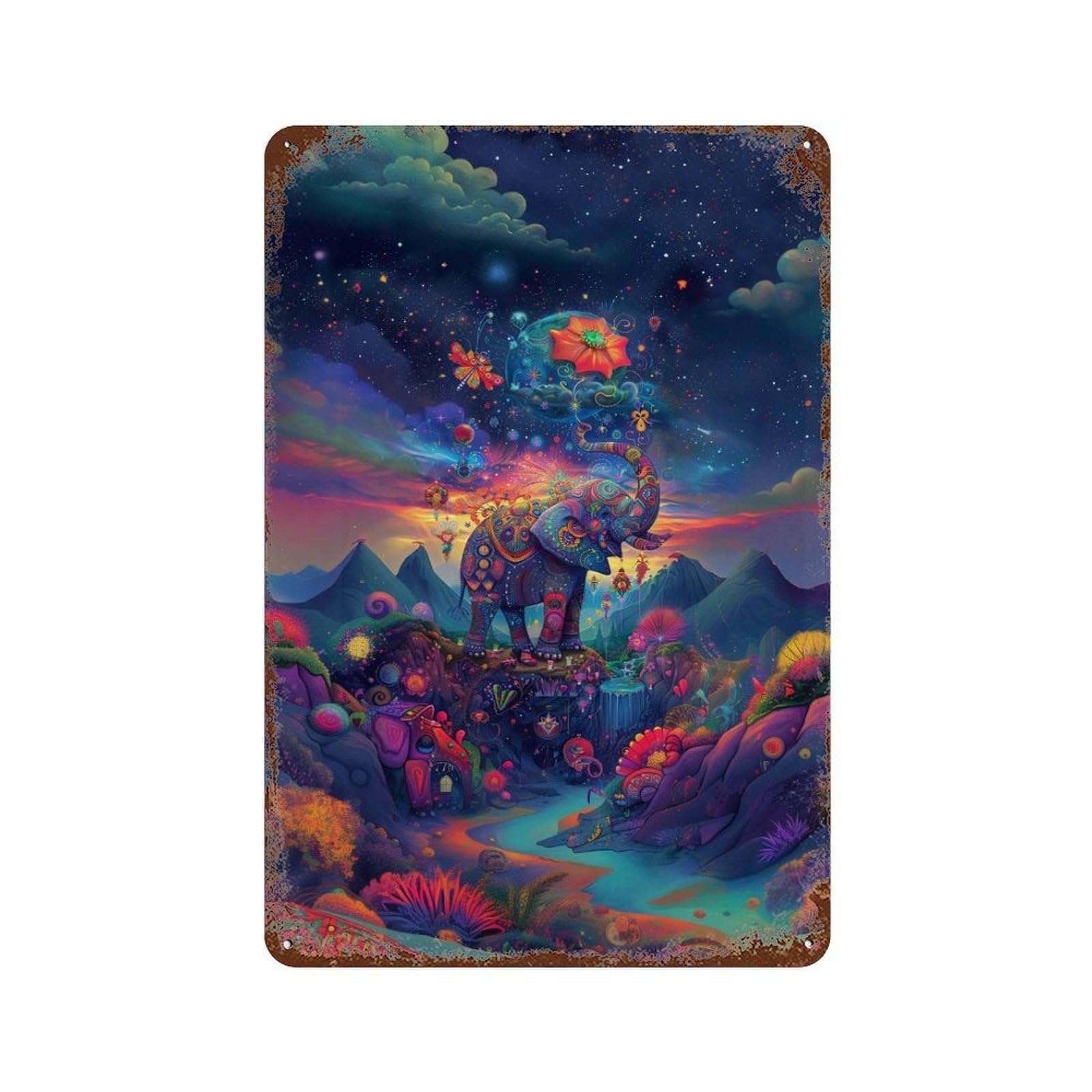 Rust Effect Fantasy Elephant Landscape Rustic Tin Plaque 11.8"x7.9", Industrial Home Decor for Bistro, Counter And Cafe Decor