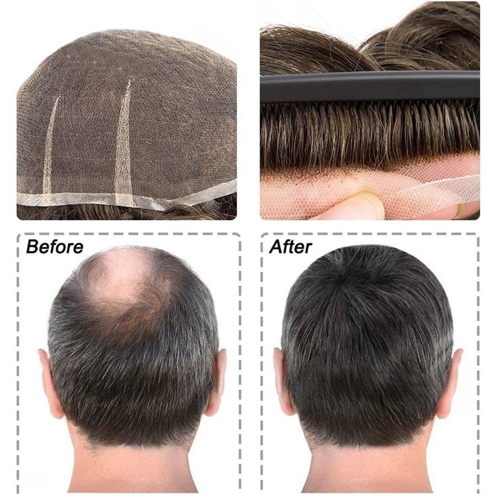 Men's Toupee Sistema di capelli umani da 6 pollici, toupet traspirante in pizzo completo for uomo, n. 5, parrucche da uomo marroni