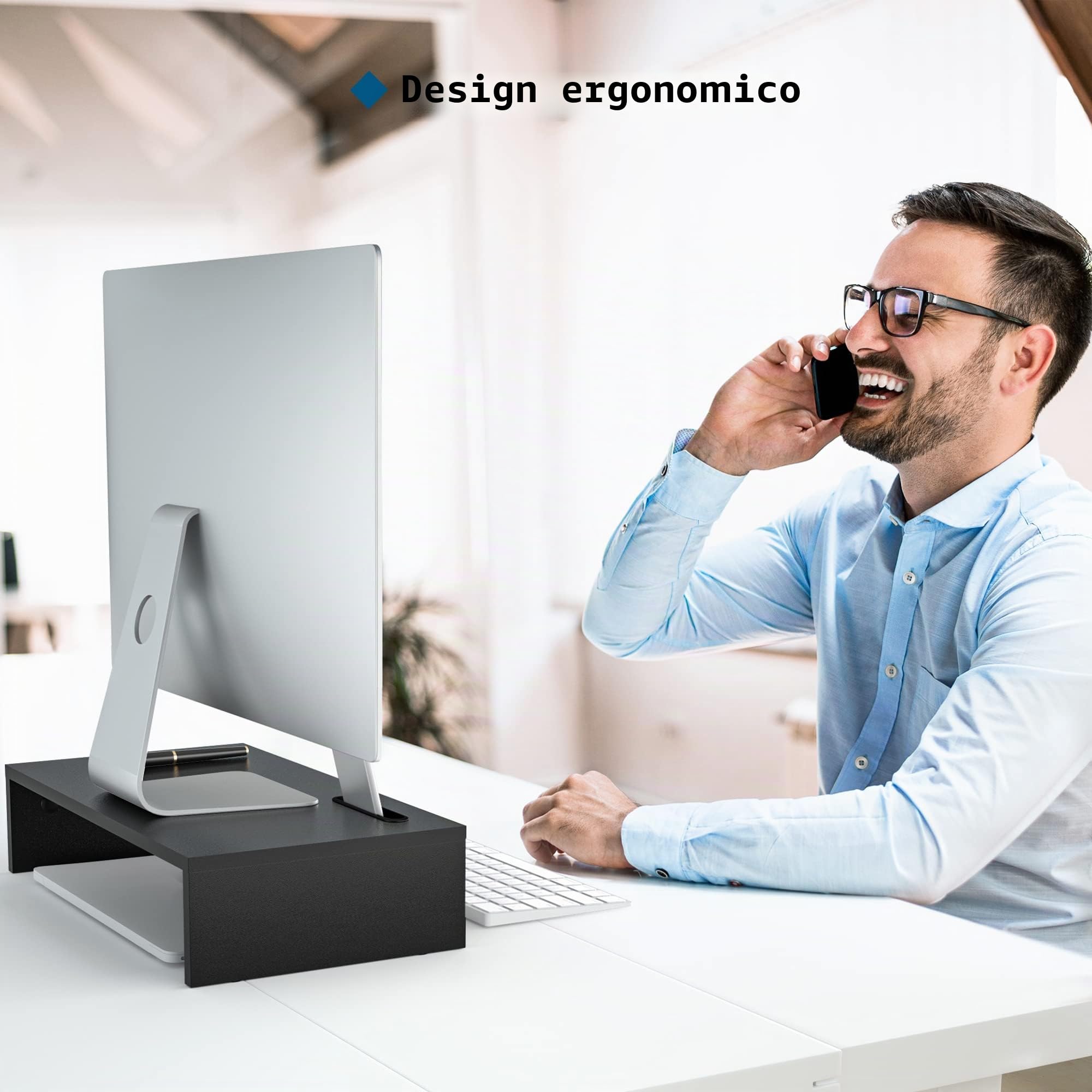 BONTEC Supporto per Monitor in Legno, per Monitor da Tavolo ergonomico per Laptop, Computer, Notebook, iMac, Stampanti, Portata Fino a 30 kg, W420 x D235 x H104mm, Nero