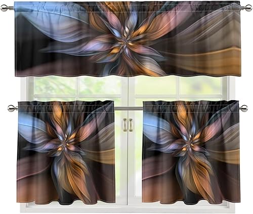 Juego de cortinas y cenefas de cocina con diseño de flores abstractas de 24 pulgadas de largo, con bolsillo para barra, cortinas de 3 piezas con