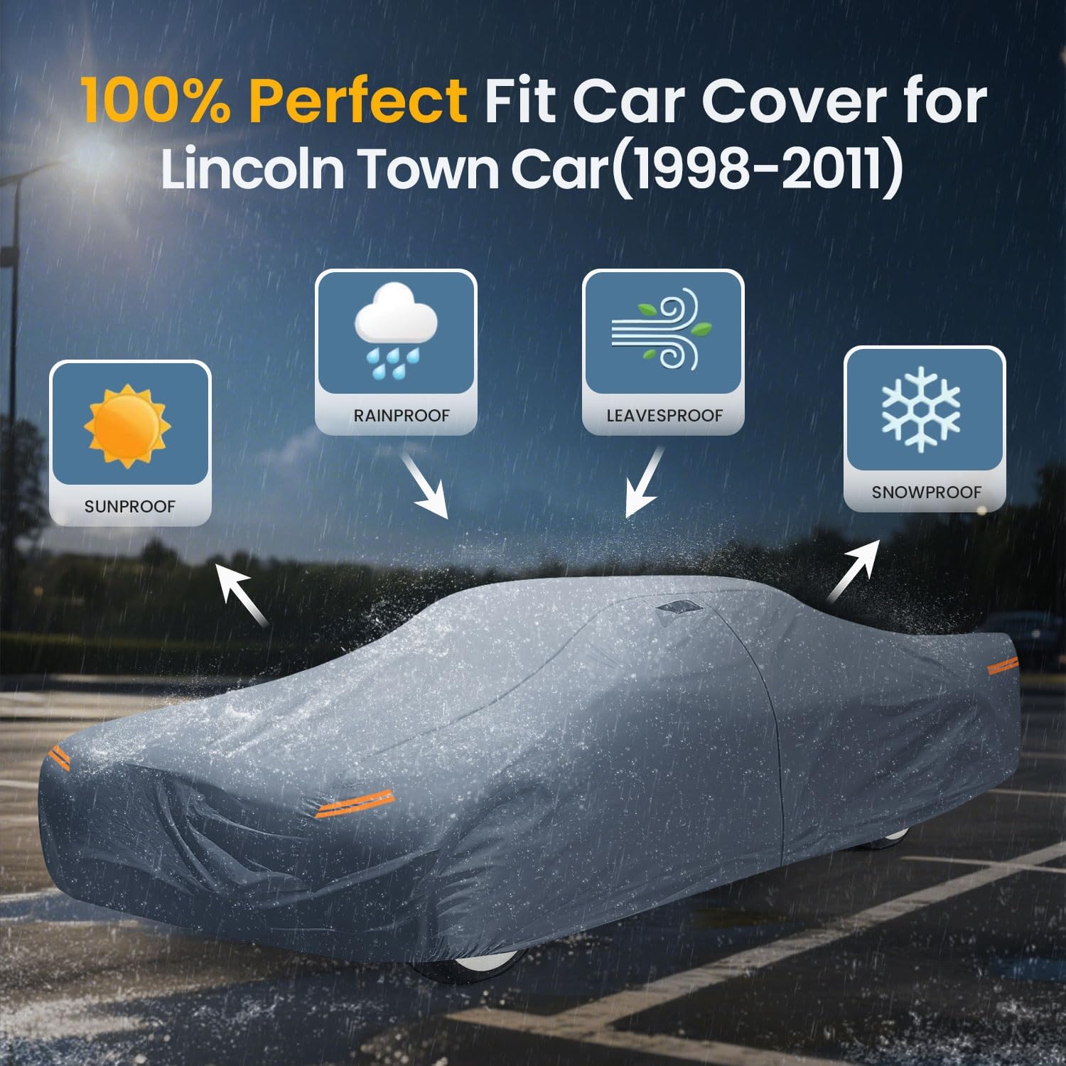 Waterproof Lincoln Town Long Car(1998-2011) Car Cover with Breathable Vents, [2026 Upgrade] Premium Covers with Cotton Liner and Zipper Door