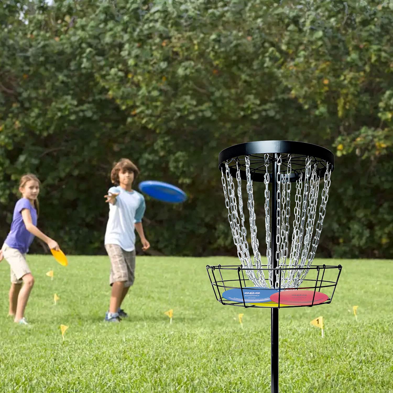 Disc Golf Basket Target - Pro 24 Ketten Tragbarer Metall Golf Torkorb mit 6 Scheiben und Tragetasche - Flying Discs Golfkörbe für Indoor & Outdoor Training Schwarz