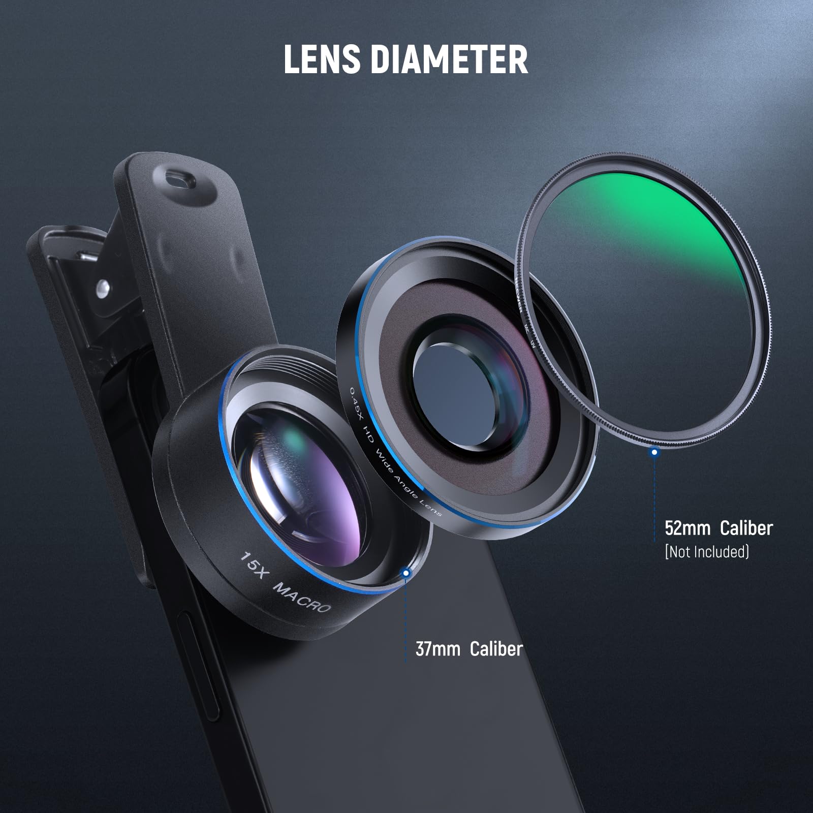 NEEWER BASICS Zestaw akcesoriów do aparatu telefonicznego 2 w 1, szeroki kąt HD 0,45 x + 15 x makro, klips do obiektywu, odłączany adapter filtra 17 mm do 37 mm, pierścień kompatybilny z iPhone'em