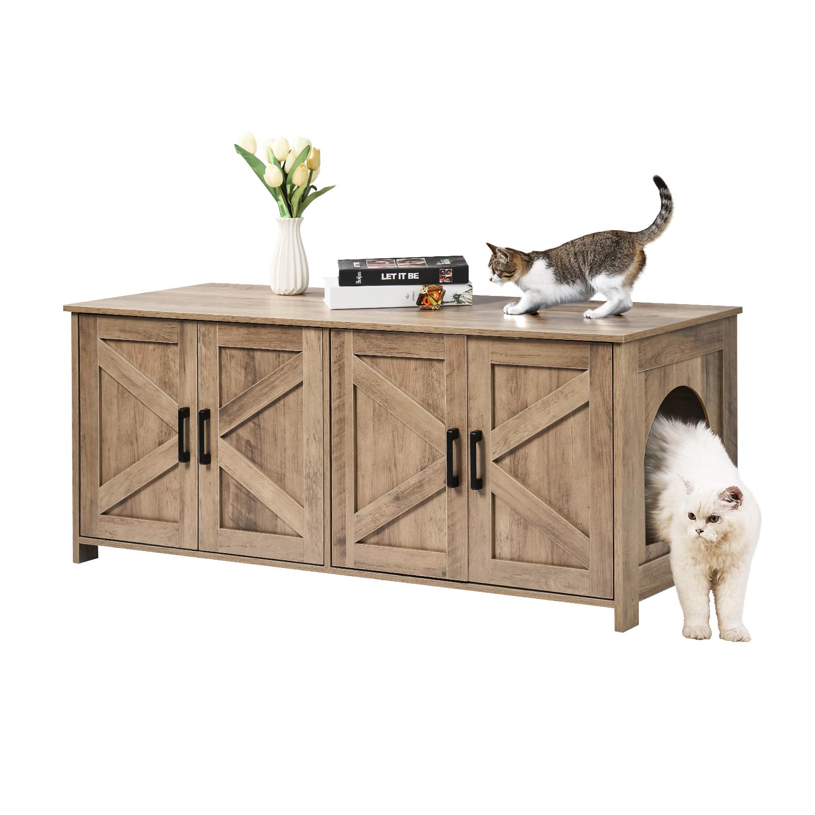 VEVOR Cat Litter Box Enclosure for 2 Cats, Litter Box Furniture Hidden with Double Rooms, Wooden Cat Box Cabinet Fit Most of Litter Box, 47.2" L x 18.5" W x 19.7" H, Greige