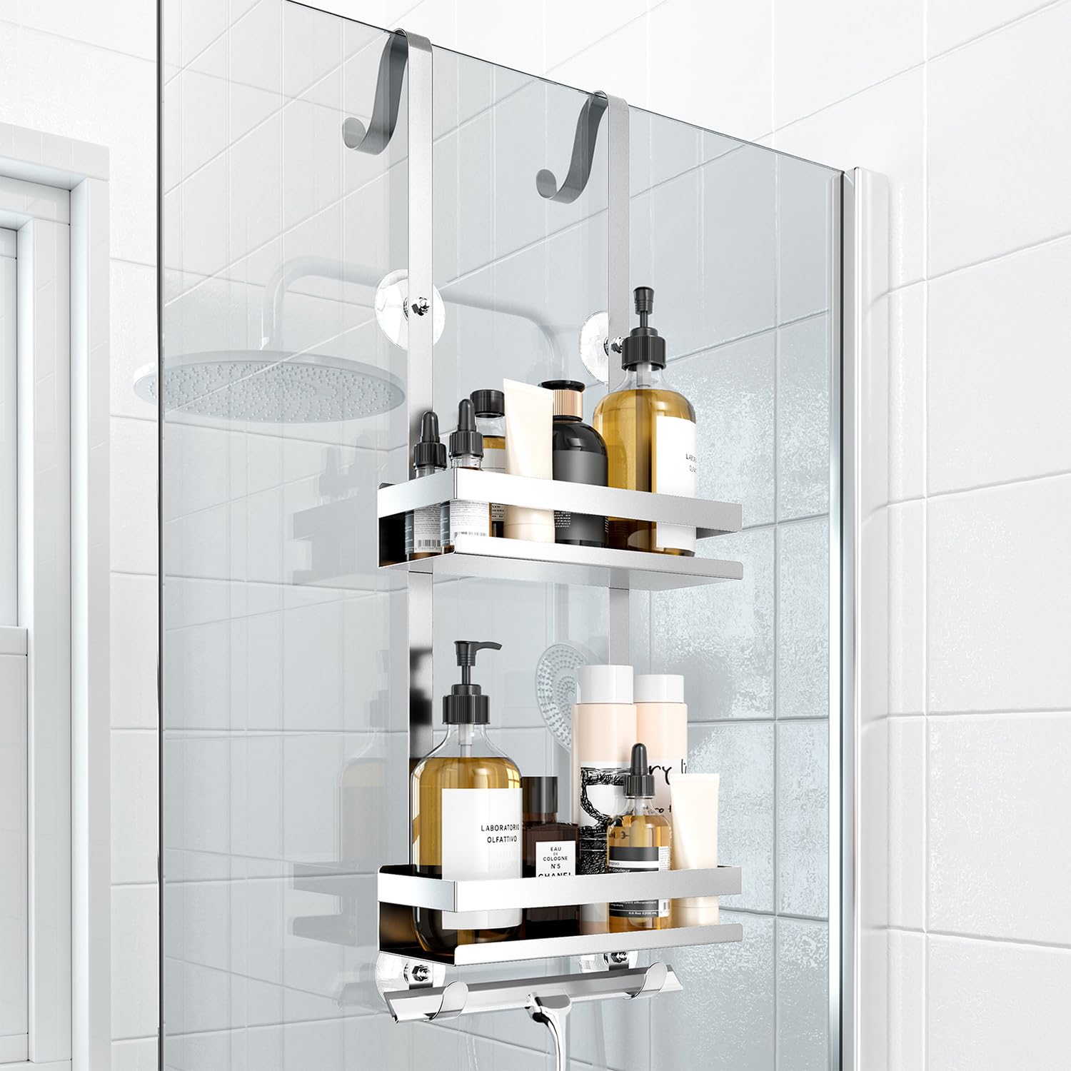 Laimew Duschablage ohne Bohren Badezimmer Organizer, Badregal Duschregal ohne Bohren, Duschablage zum Hängen für Glasduschtüren, Duschregal zum Hängen Shampoo Halterung für Dusche Silber