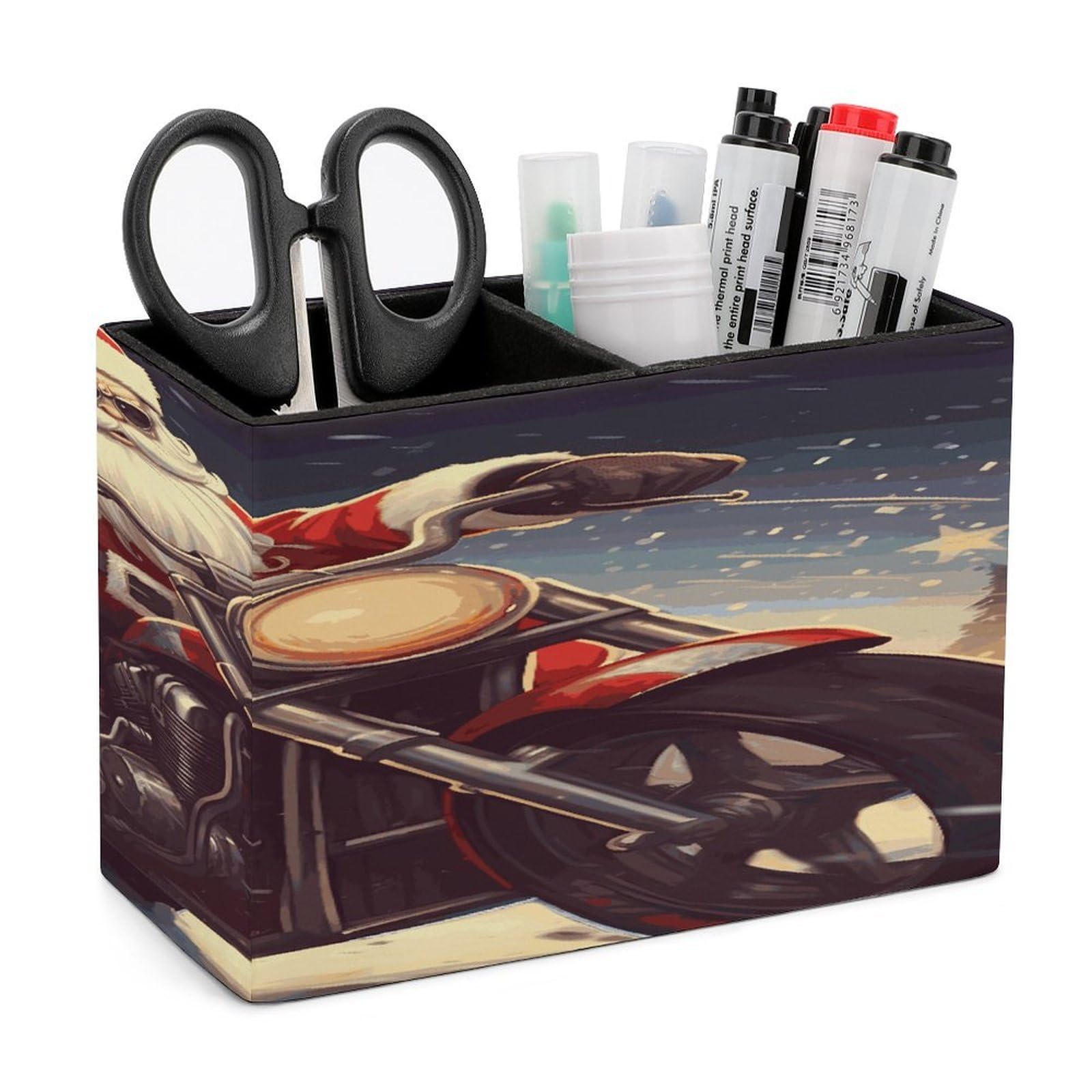 LDGSUPH Santa Claus Biker Riding Leather Pen Holder for Desk Organizer Caddy Large Pencil Cup Multi-function Pencil Holder Makeup Brush Holders Pen Organizer for Home Office Storage Box
