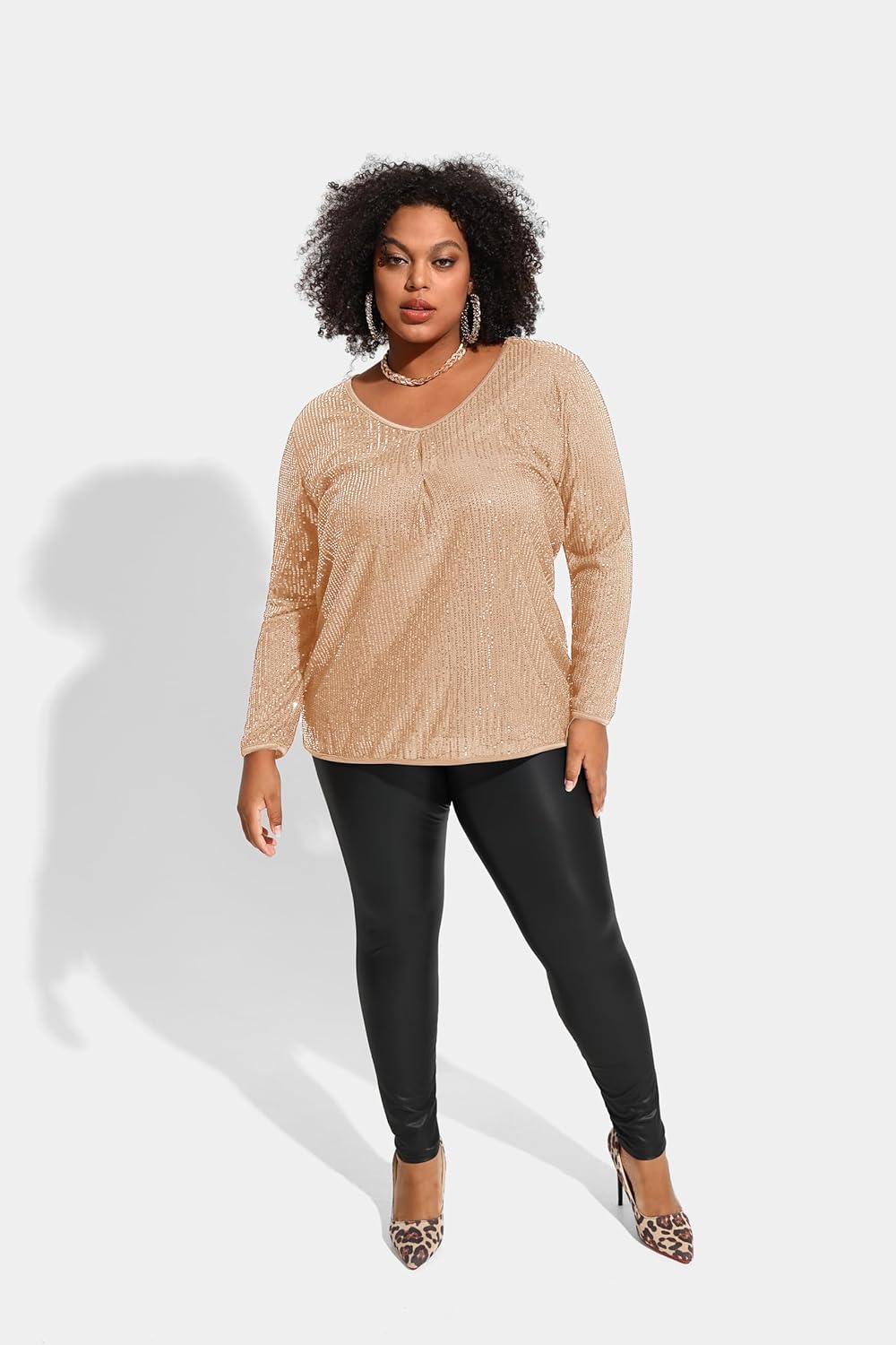 TIYOMI Plus Size Tops for Women Long Sleeve Sequins Party Tunic V Neck Casual Shirt Pleated Front Blouse Spring Winter XL-5XL - Image 3