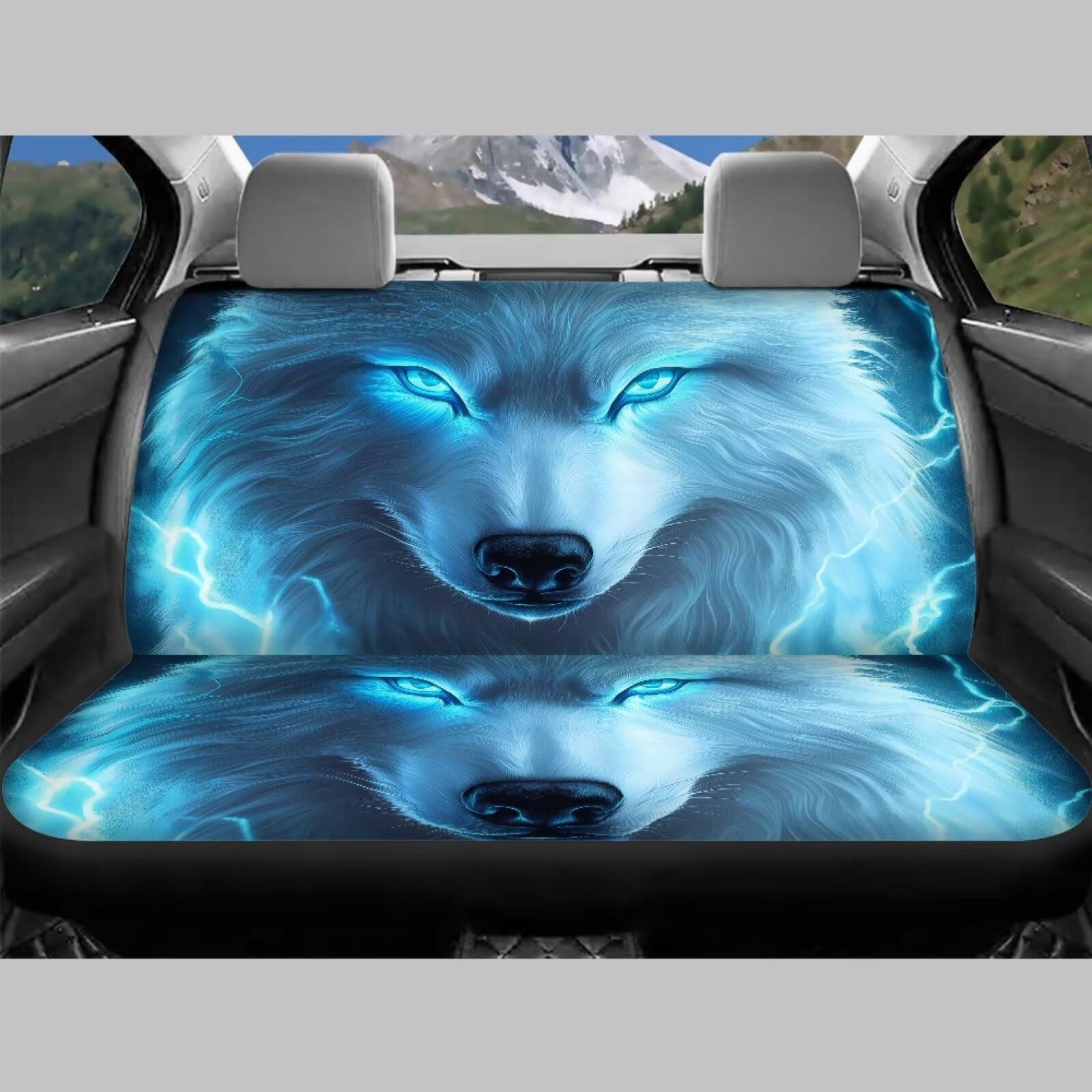 Lot de 4 housses de siège de voiture avant et arrière avec imprimé loup bleu fluo - Accessoires d'intérieur de voiture pour femme