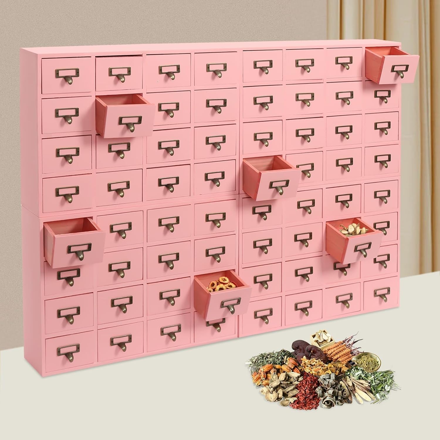 64-Drawer Wooden Cabinet, Rustic Herb Apothecary Storage Box, Tabletop Library Card Catalog Cabinet w/Label Holders Handles, 4Pcs 16 Drawers, Desk Drawer Organizer Medicine Furniture, Pink