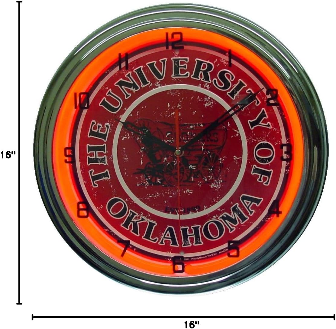 University of Oaklahoma Sooners Logo Sign Neon Lighted Wall Clock Chrome Red