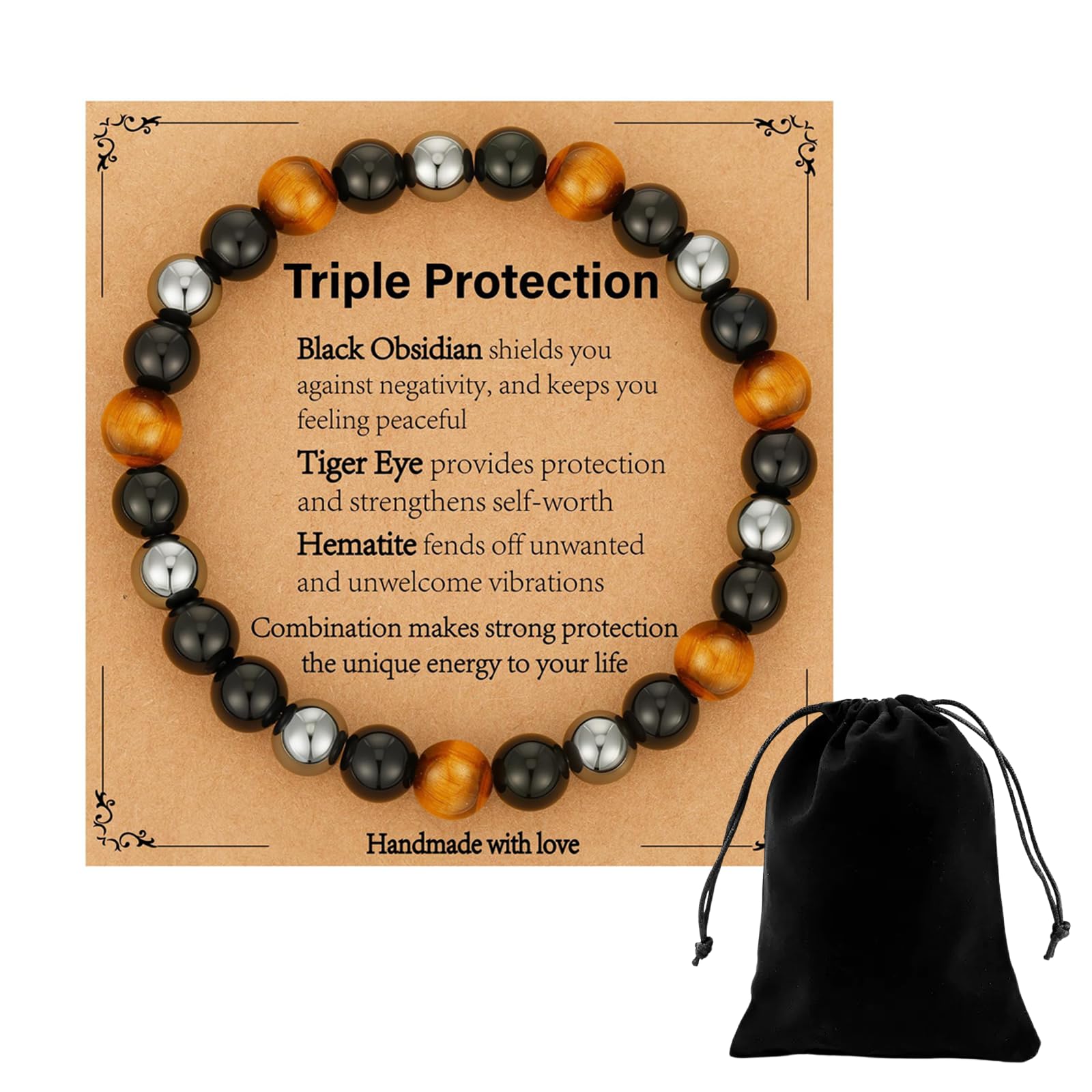 Muiltvoe Triple Protection Healing Crystal Bracelet for Men and Women, Natural 8mm Tiger Eye Hematite Black Obsidian Beaded Bracelets, Anxiety Relief Spiritual Gifts for Mum Dad Birthday