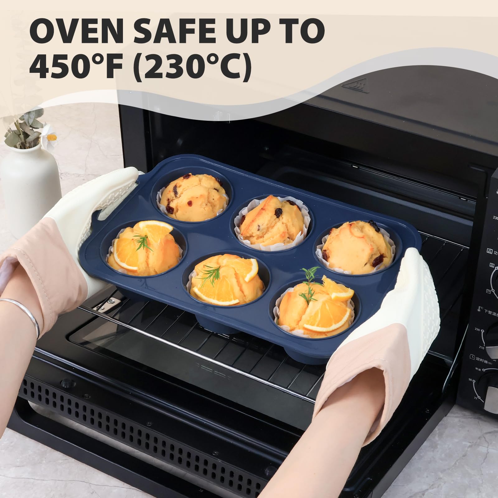 SUPER KITCHEN Głęboka Foremka do Muffinów z Metalową Ramą, 6-Komorowa Silikonowa Foremka na Babeczki z Rączką, Nieprzywierająca Forma do Muffinów i Yorkshire Pudding (Szary)
