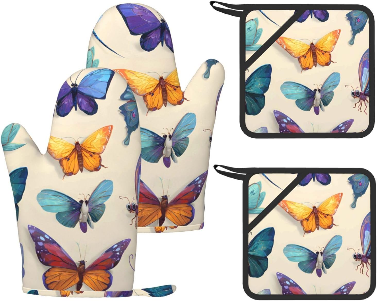 Various Kinds of Butterflies 4pcs Oven Mitts and Pot Holders Sets for Kitchen, Silicone Oven Gloves Non-Slip Potholders Hot Pads for Baking Cooking