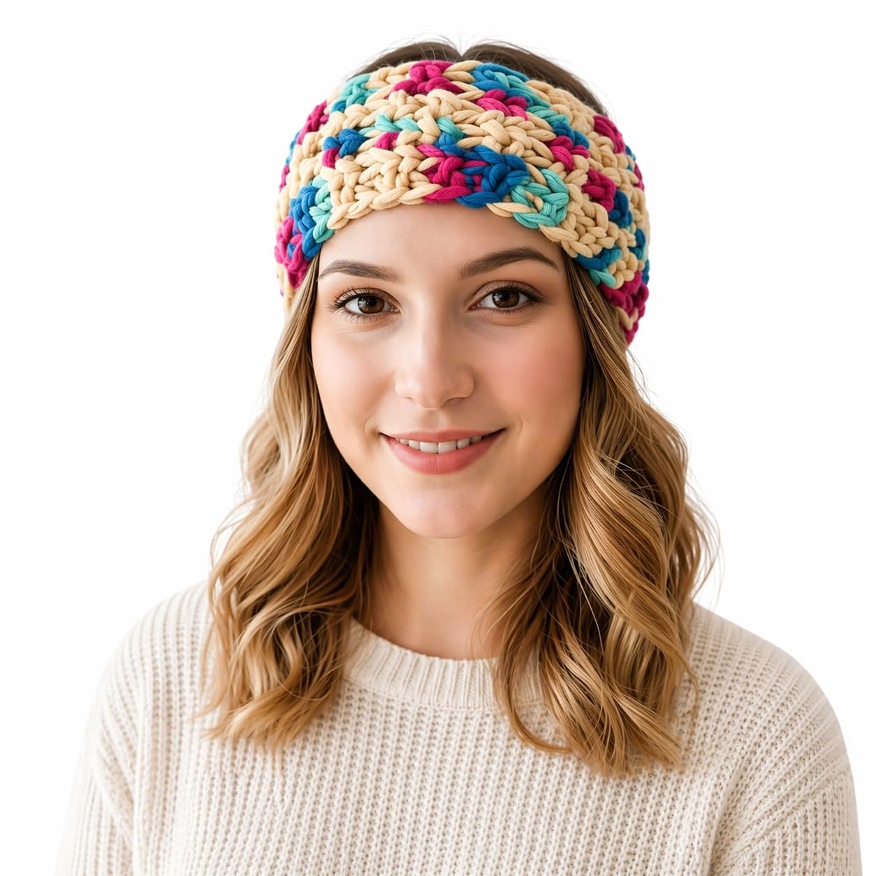 SANKESHWAR TAJ - HAND MADE WINTER Headband for Men and Women Head Wrap Kanpatti Soft Hand Knitted Woolen Warm Hair Band Unisex Acrylic Skull Stretchy Earwarmer Earmuffs Hair Accessory Stylish Multicolor (MULTI-CREAMPINKGREENBLUE)-image-10