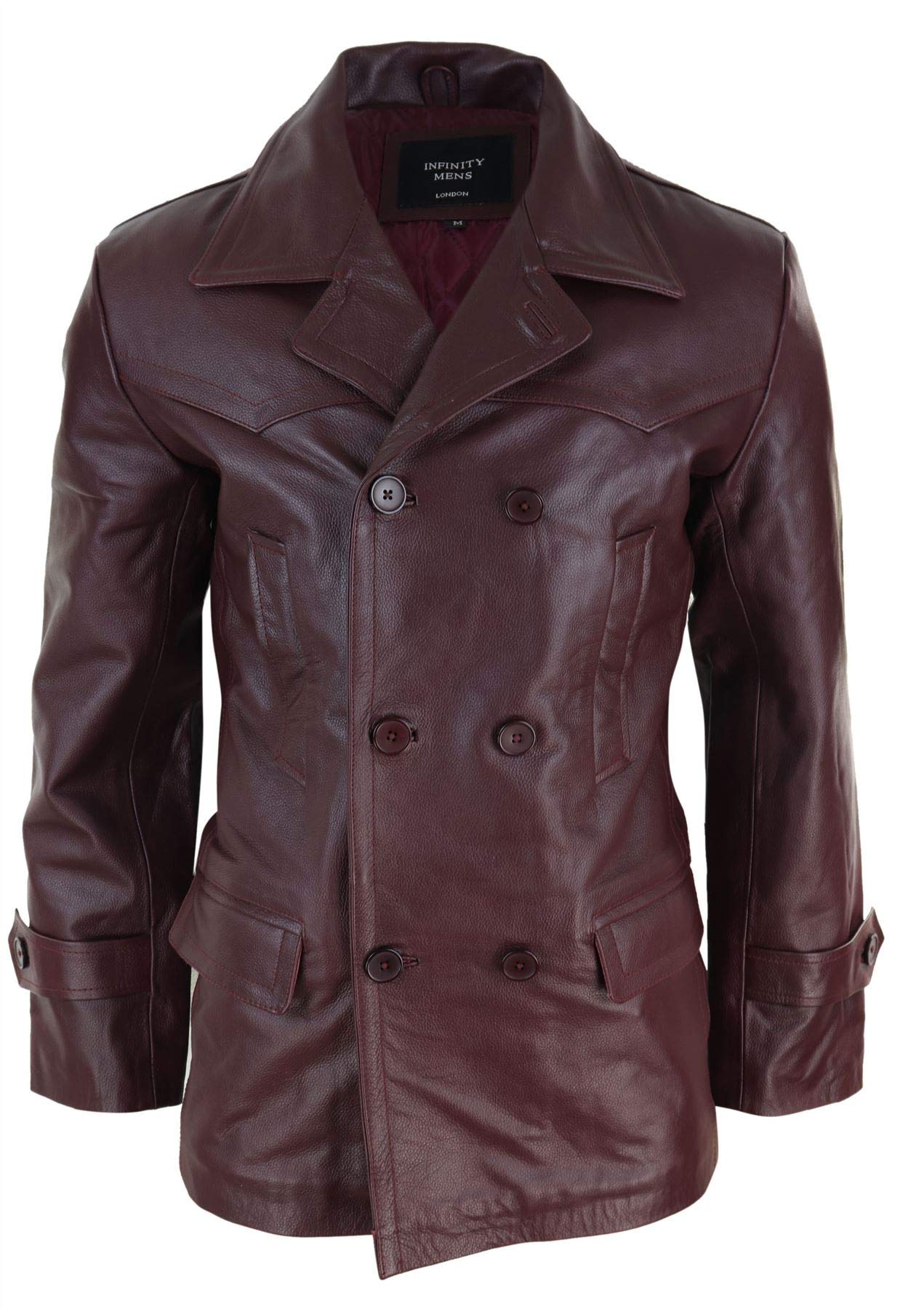 Infinity Leather Men's Wine Real Leather 3/4 Double Breasted Pea Coat Sherlock Brown Sailor Classic - L