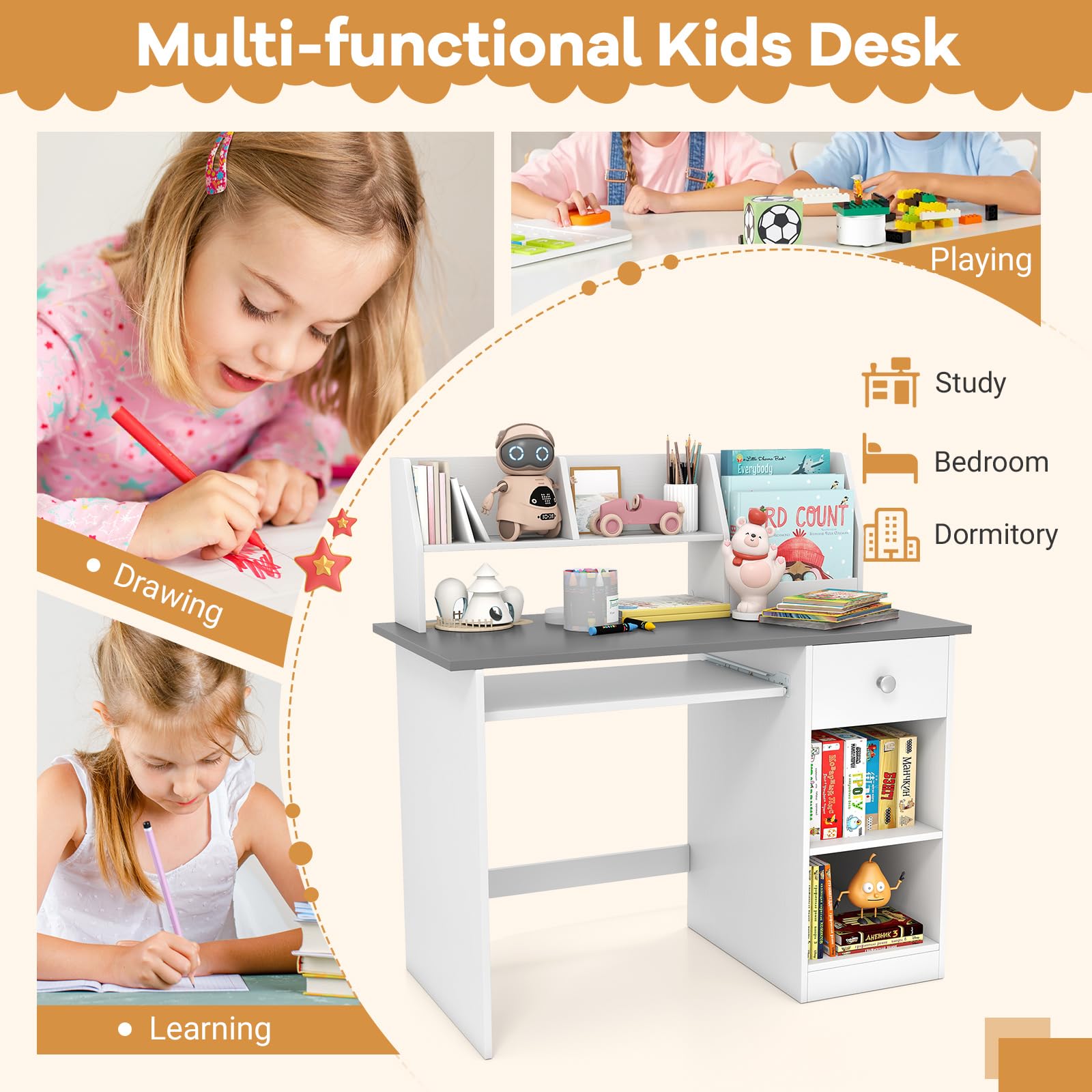DREAMADE Schreibtisch Kinder mit Bücherregal & Schublade & Ablage & Tastaturablage, Jugendschreibtisch Schülerschreibtisch, Kinderschreibtisch aus Holz für Jungen und Mädchen, 90x45x90cm (Grau)