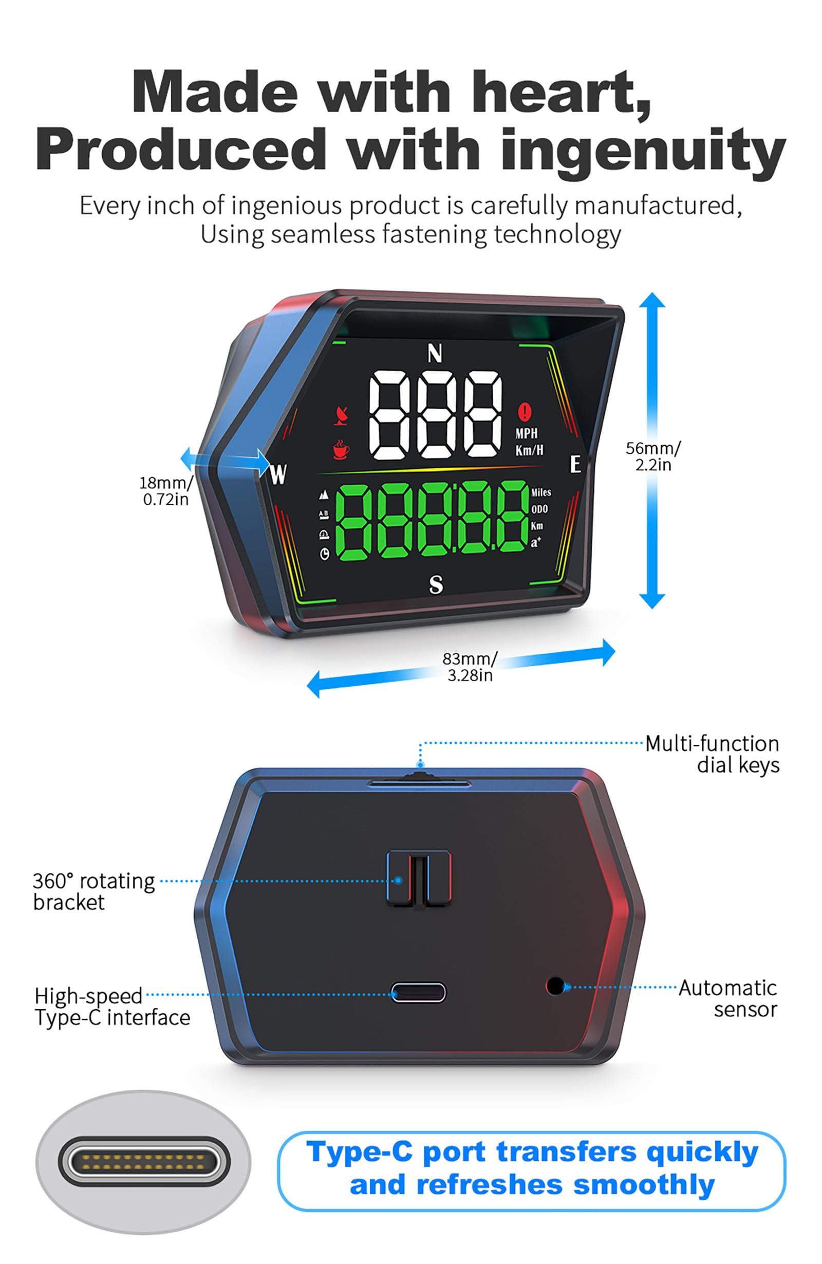 ELLENNE - HUD GPS Display Vitesse pour Auto et Moto - Compteur de vitesse numérique Head-Up Display avec Alerte Dépassement de Vitesse | Capteur de Luminosité et USB Type-C G21