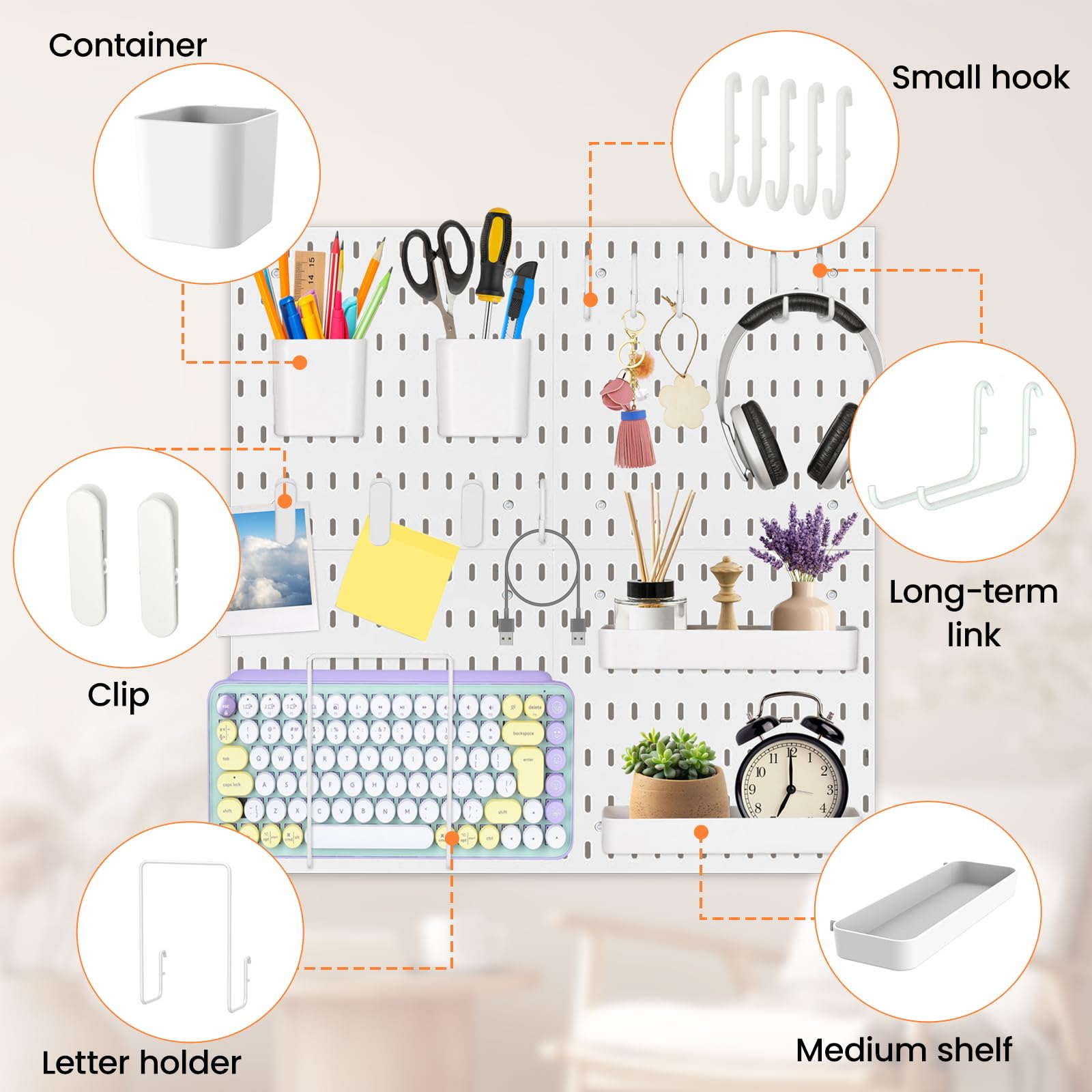 Stecktafel-Kombinationsset, Kunststoff Stecktafel Set, Werkzeugwand mit 4 Stecktafeln (28x28cm) + 36 Zubehör für Aufräumen und Organisieren, Weiß Wand Organizer für Küche, Wohnzimmer, Büro