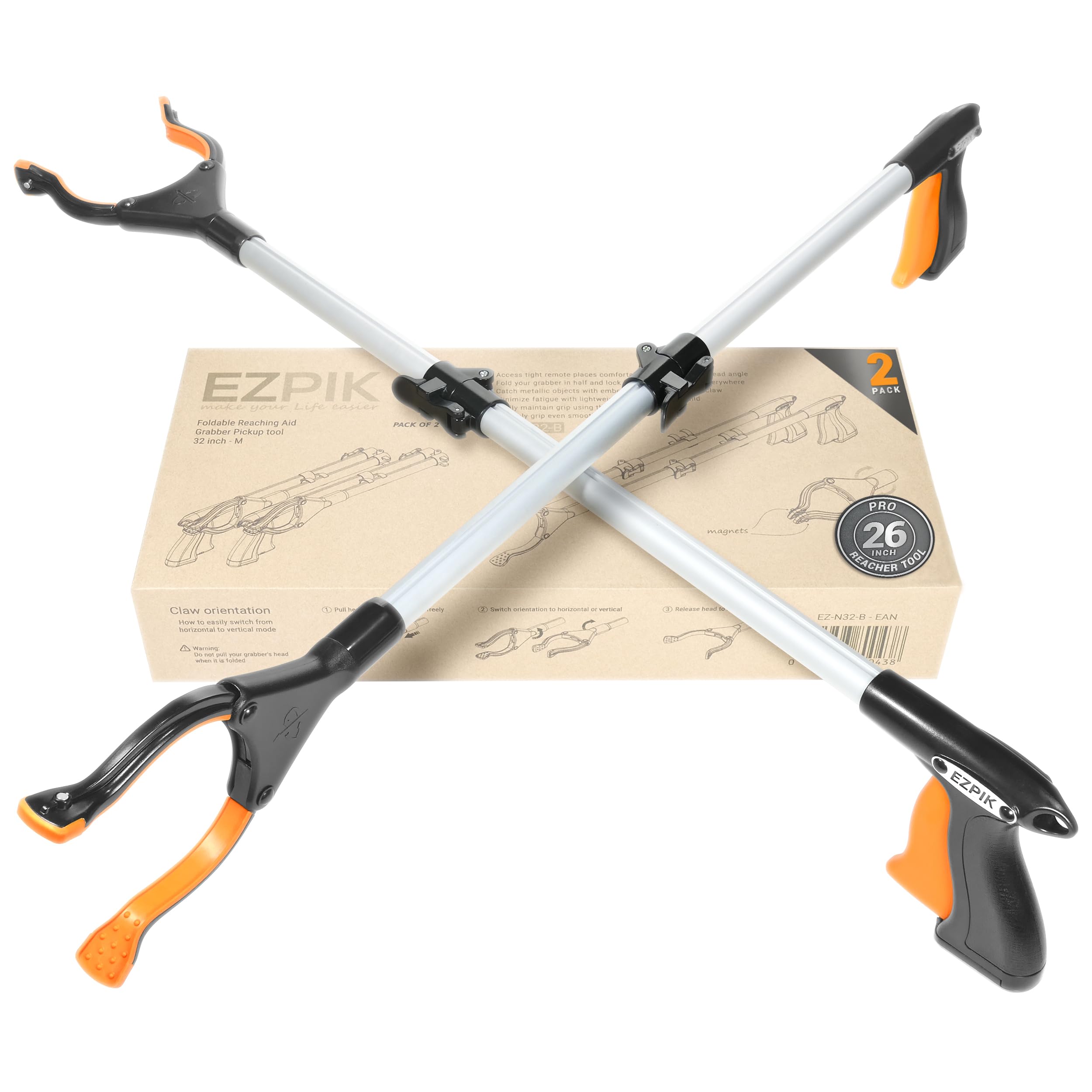 EZPIK® Grip Aid Tool Grabber Reacher + Magnets - Grabbers for Seniors, Trash Picker Upper Grabber - Trash Grabber Tool- Reacher Grabber Pickup Tool (Silver, 26" (Pack of 2))