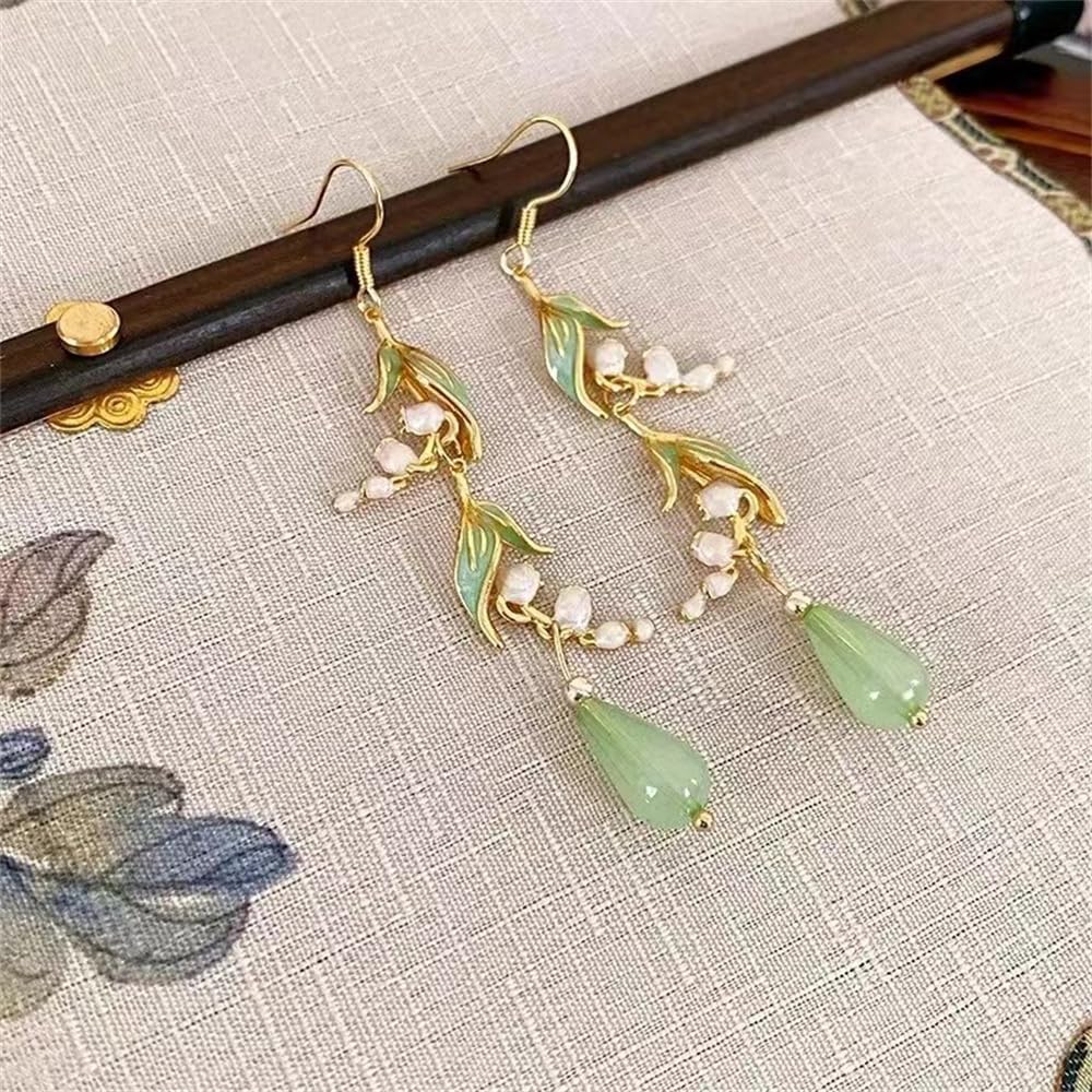 Lily of the Valley Long Dangle Drop Earrings for Women Gold Plated Elegant White Flower Green Leaf Enamel Teardrop Resin Dangling Statement Hook Spring Summer Holiday Hypoallergenic Fashion Jewelry - Image 3