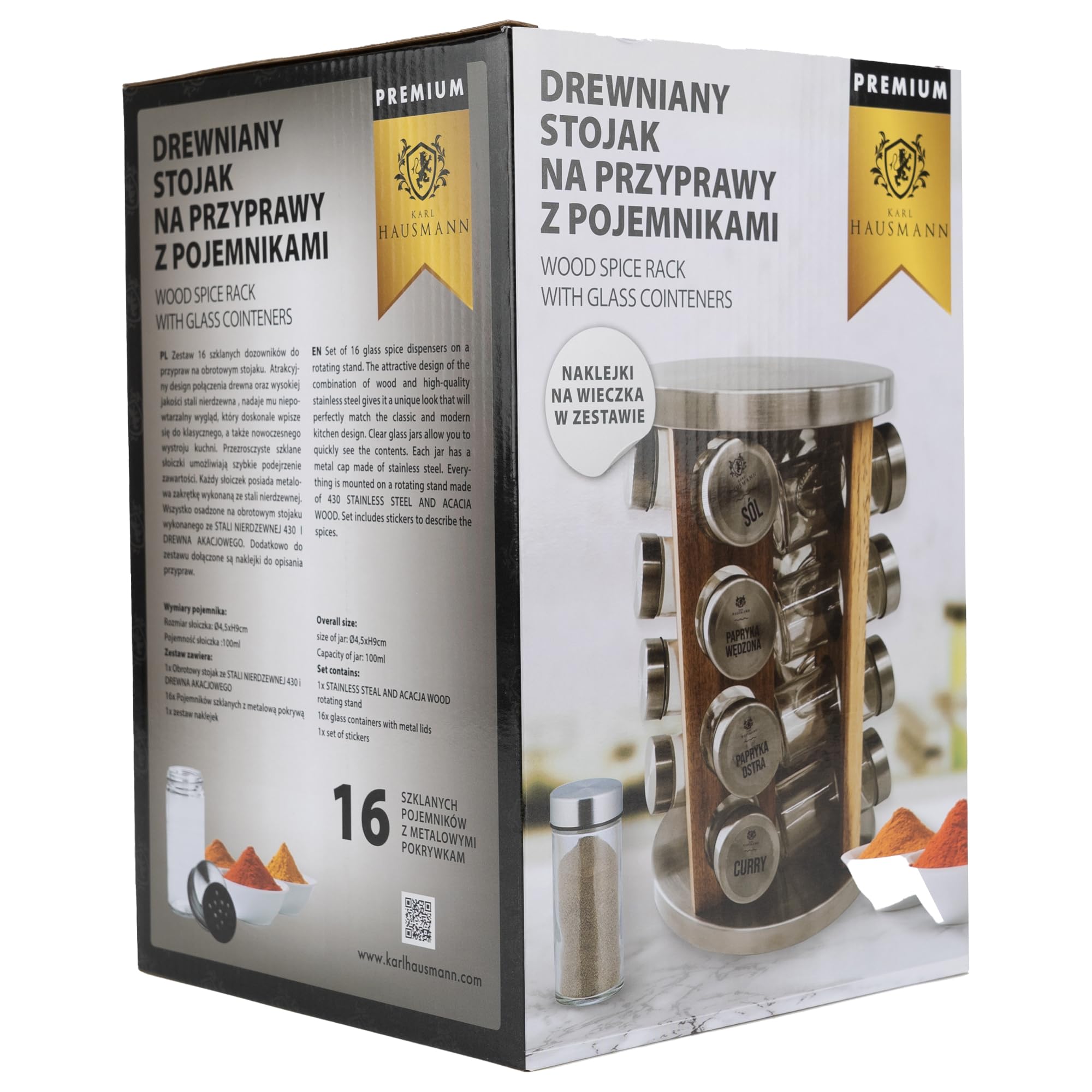 KARL HAUSMANN Portaspezie Girevole con 16 Barattoli in Vetro - Organizer Cucina Salvaspazio con Base Rotante 360° - Porta Spezie da Cucina in Legno e Metallo