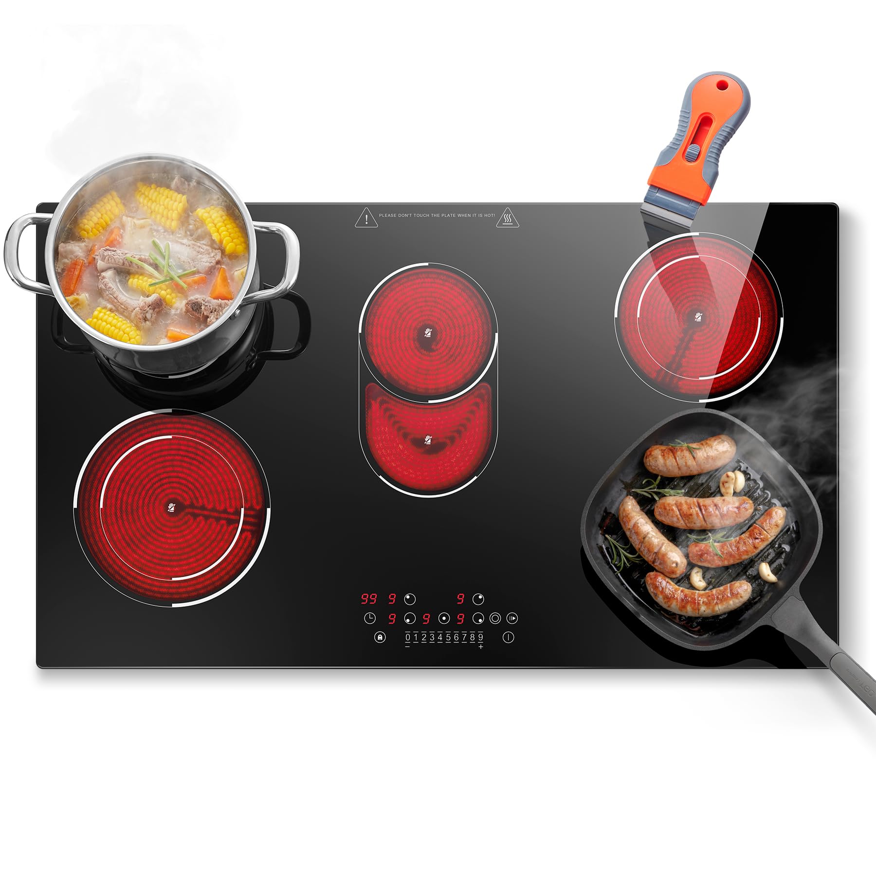 Placa Vitrocerámica 5 Fuegos 8400W, Placa de Vitrocerámica 90cm con Zona Ovalada y Doble Anillo, Mando Táctil, Temporizador, Indicador de Calor Residual, Bloqueo Seguridad para Todo Tipo de Ollas