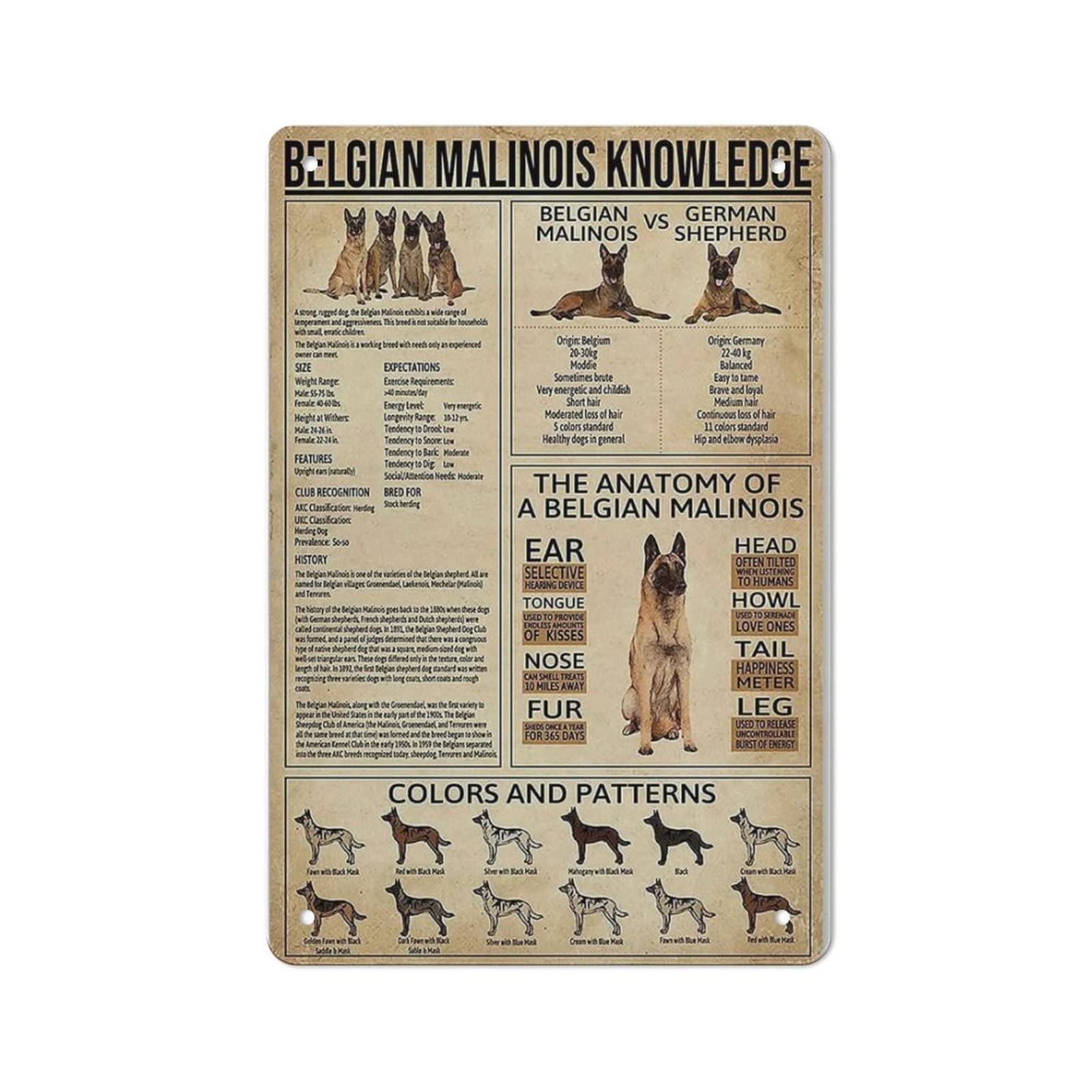 AOOEDM Belgian Malinois Knowledge Metal Sign for Home Coffee Garage Wall Decor Vintage Poster Bar Signs for Home Bar Retro Metal Tin Sign