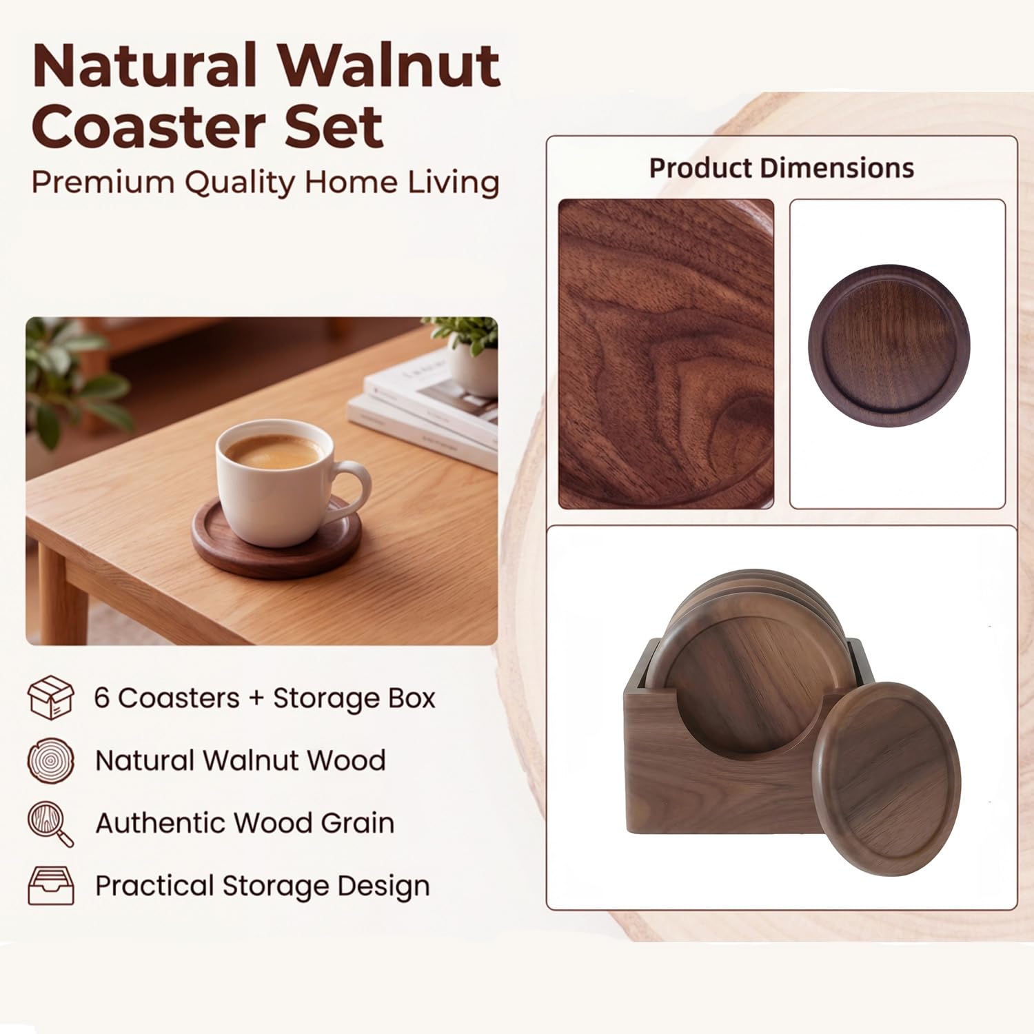 Posavasos de Madera de Nogal, Set de 6, 10 cm, Soporte Incluido para Vasos de Whisky, Copa y Tazas