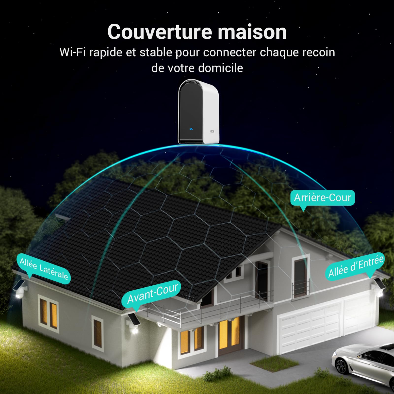 ANSQUE 2K Camera Surveillance WiFi Exterieure sans Fil Solaire à Batterie, Kit 4 Caméras avec AnsqueBase, Zéro Frais, PTZ 360°, Suivi Automatique, Vision Nocturne en Couleur, Alarme Lumineuse Sonore