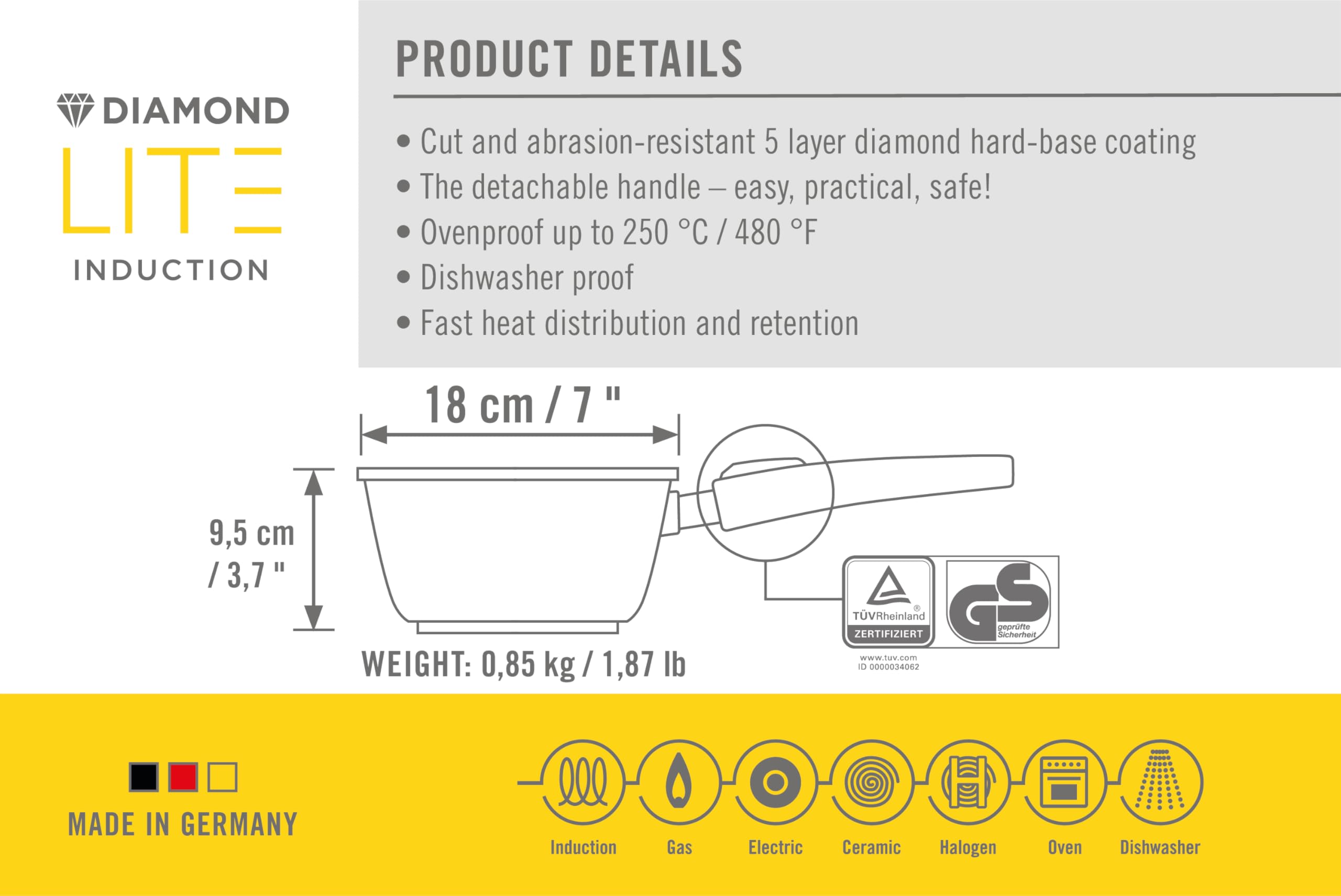 Woll Diamond Lite garnek indukcyjny, Ø 18 cm, wysokość 9,5 cm, 2 litry, ze zdejmowanym trzonkiem, nadaje się do wszystkich rodzajów kuchenek, odlew aluminiowy, powłoka zapobiegająca przywieraniu,