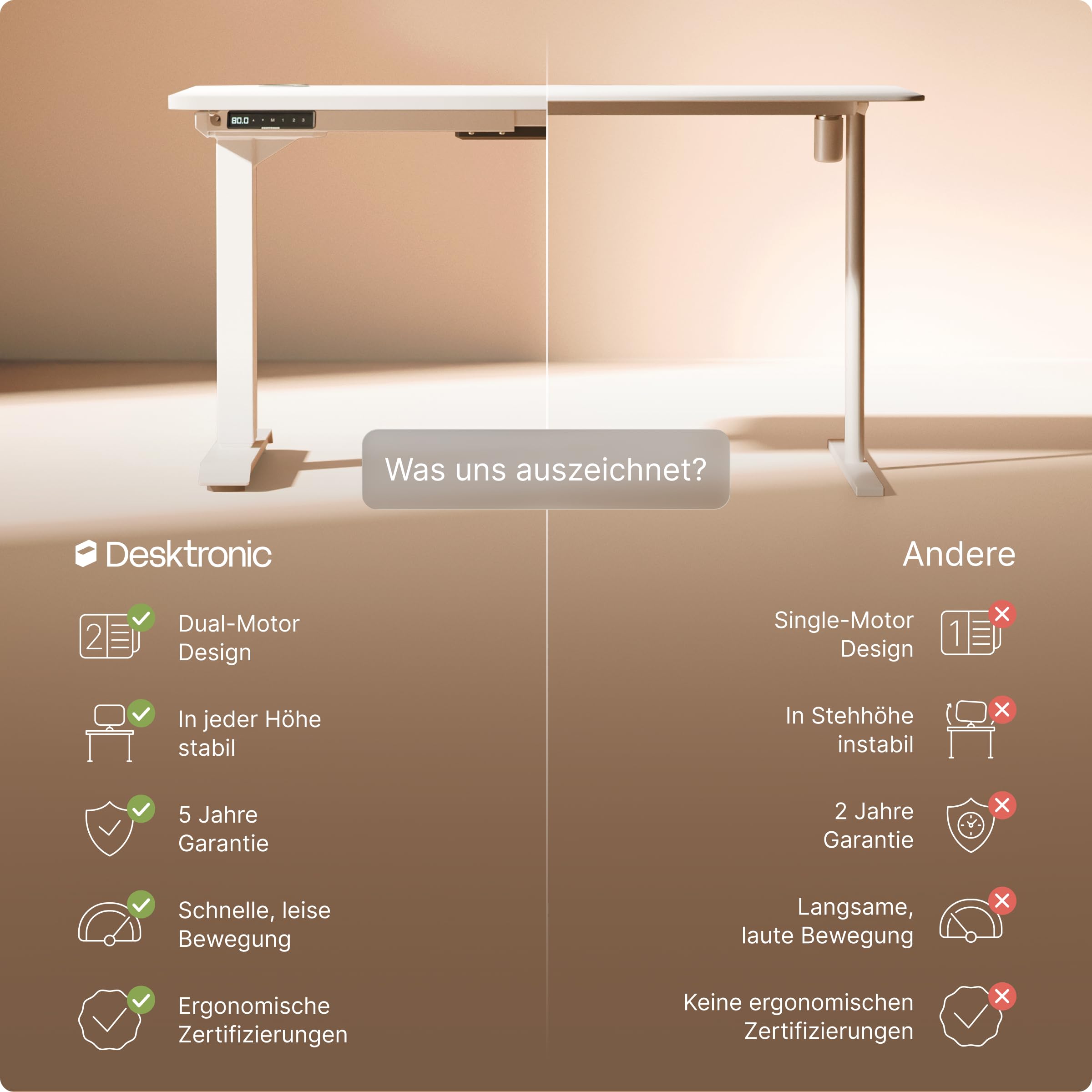 Desktronic HomePro Höhenverstellbarer Schreibtisch 120 × 60 cm – Elektrischer Schreibtisch Mit Zwei Elektrischen Motoren, Touchscreen-Steuerung und Integrierten USB-A- und USB-C-Ladeanschlüssen