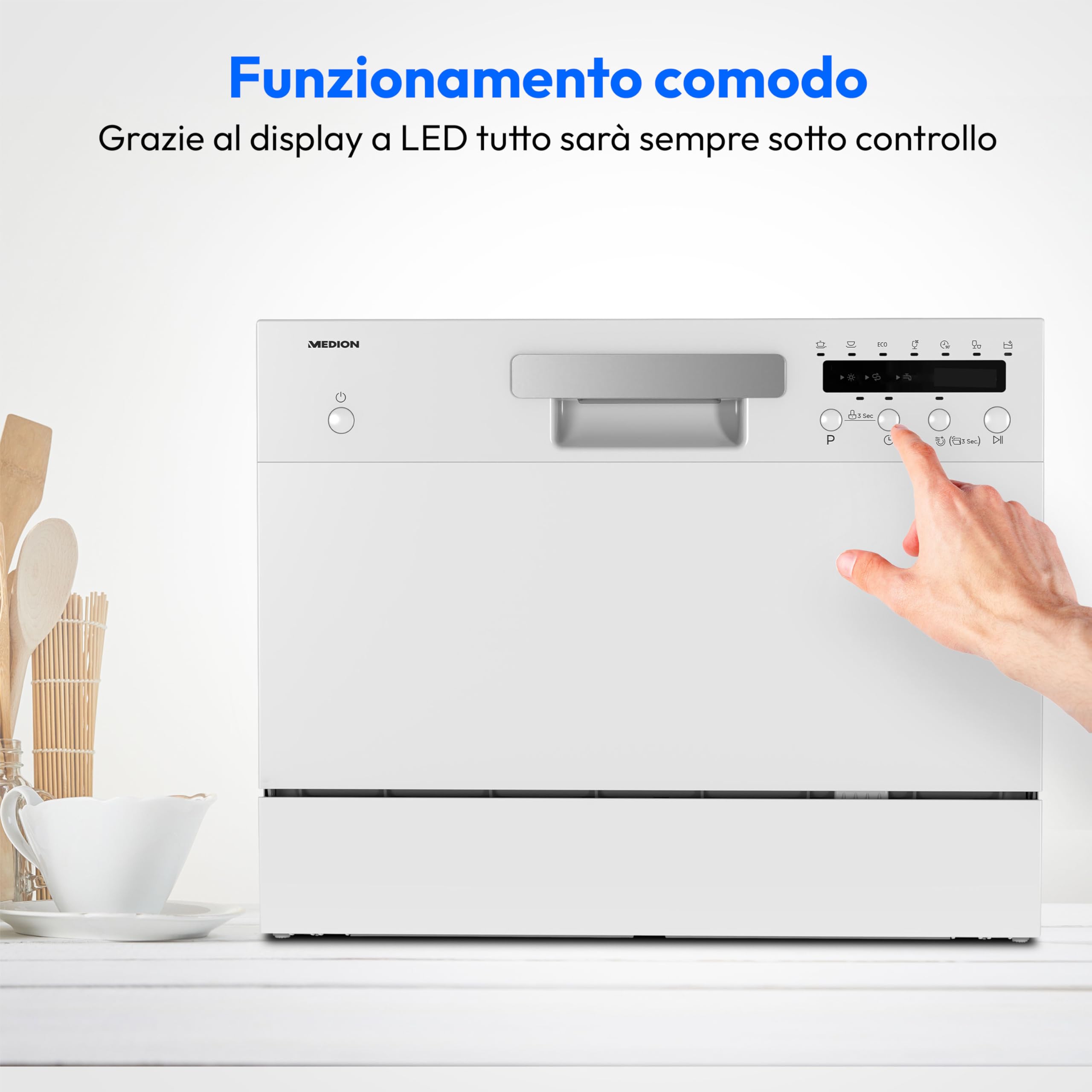 MEDION Lavastoviglie da tavolo DWT60 (capacità 6 coperti, 7 programmi, programma ECO, consumo circa 6,5 litri, AquaStop, display LED, blocco bambini, MD37496) argento