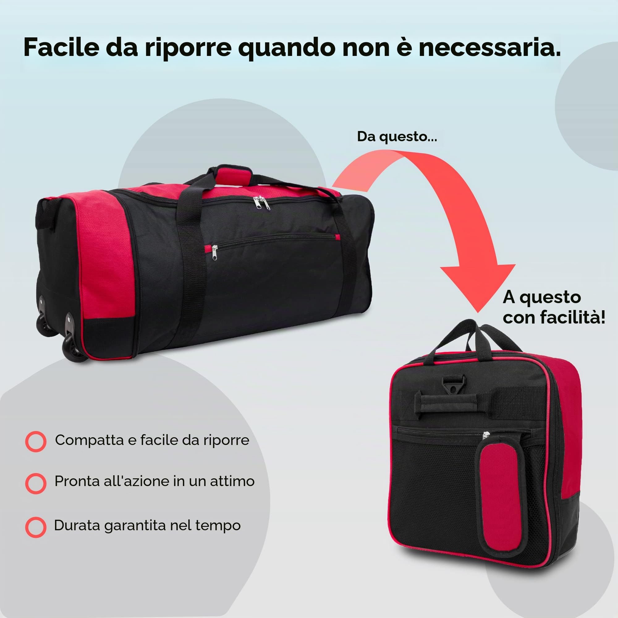 iN Borsa da viaggio pieghevole con ruote in plastica. Utilizzare come valigia leggera o zaino. Ideale per viaggi, kit sportivi e attrezzature. Nero/rosso, Borsone grande con ruote