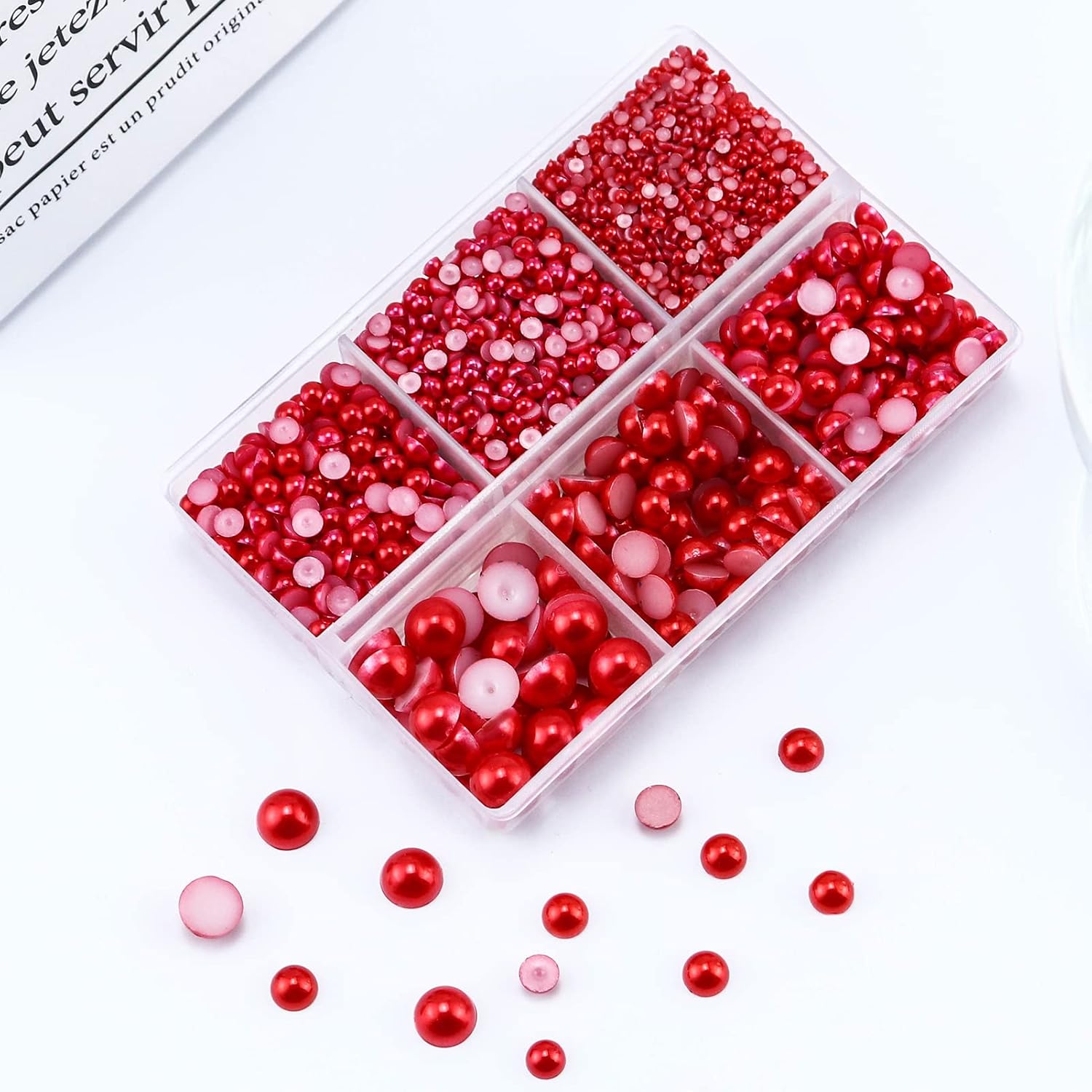 3600PCS Red Flatback Half Pearls, 2mm 3mm 4mm 5mm 6mm 8mm Half Pearls for Crafts Scrapbooking Crcos Cups, Flatback Pearl Gems for DIY Jewelry Decoration, Imitation Loose Pearls - Image 2