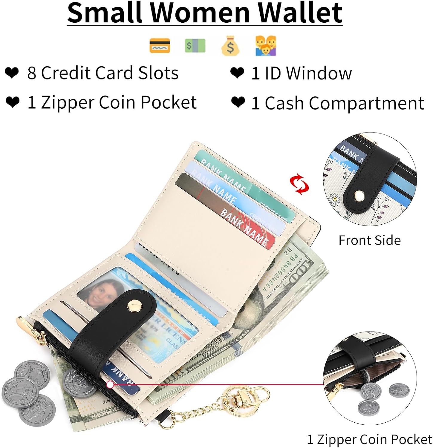 GAEKEAO Small Wallet for Women RFID Blocking Slim Bifold Floral Leather Card Holder with Zipper Pocket ID Window - Image 3