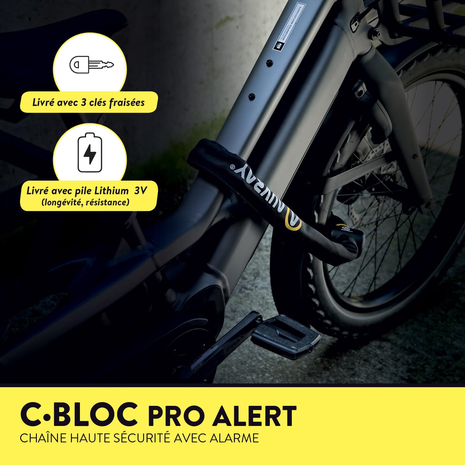 AUVRAY - Antivol vélo chaîne C·BLOC PRO ALERT - Certifié ART 4327 - Alarme 120 dB - Niveau de sécurité 8/10 - Recommandé par les Assureurs- Chaîne acier cémenté Ø10mm - Longueur 100cm - Haute sécurité