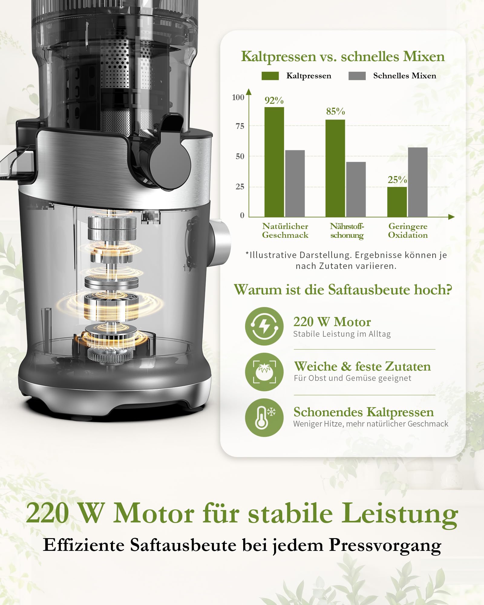 Slow Juicer Entsafter BPA-frei Tritan 130 mm Einfüllöffnung 1,5 L Kaltpress-Saftpresse 220 W
