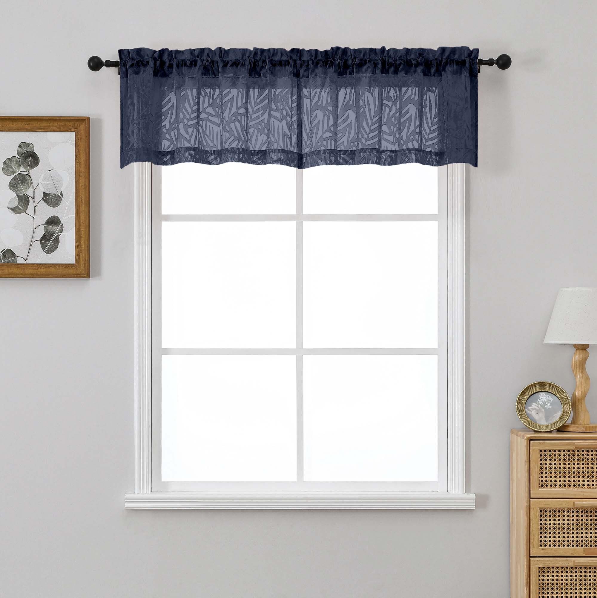 OVZME Navy Blue Valances for Windows 14 Inch Length 2 Panels, Dual Rod Pocket Light Filtering Valances for Kitchen, Soft Airy Short Sheer Curtains with Leaf Jacquard Clip Design, 2x42Wx14L Inches