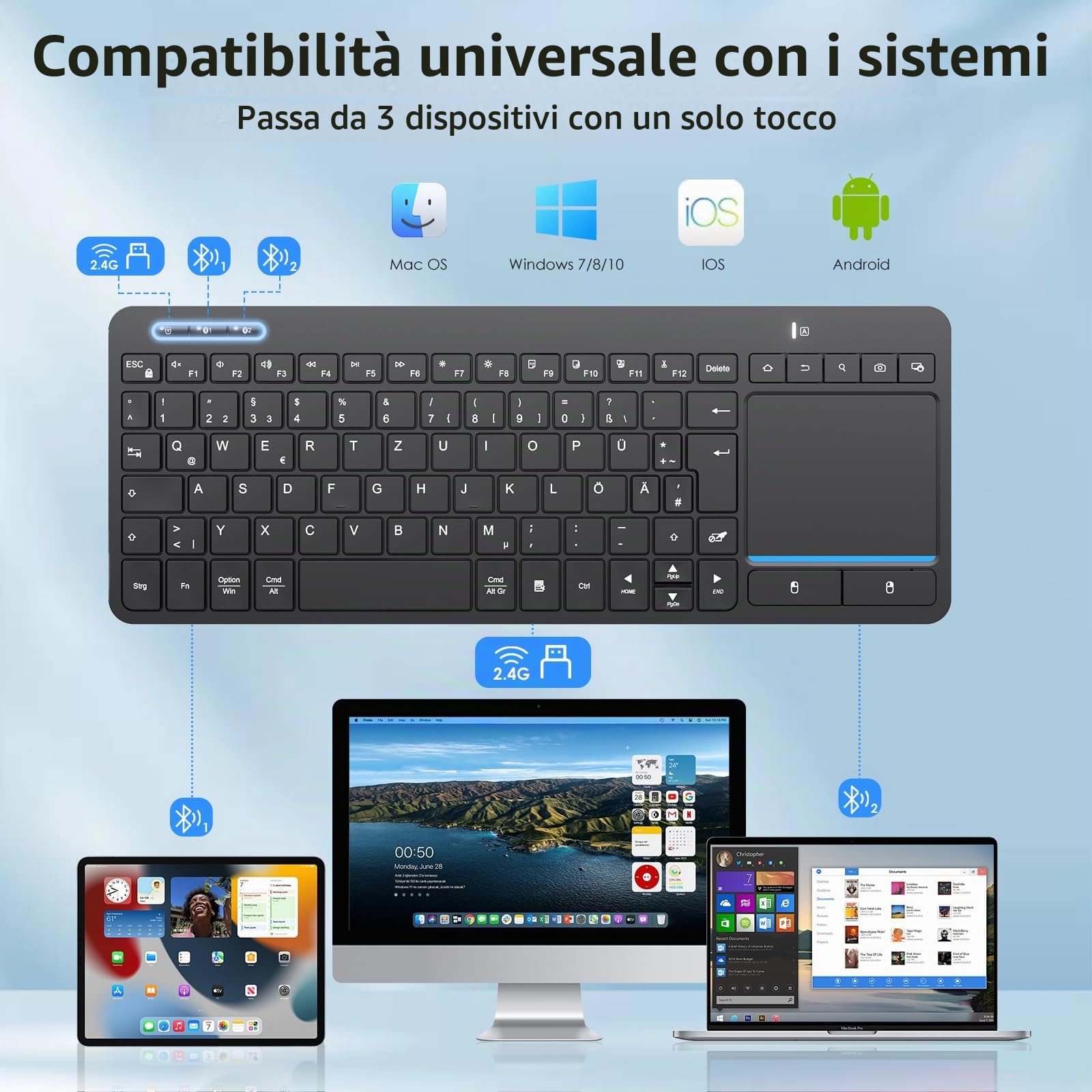 Tastiera Bluetooth senza fili con touchpad, tastiera tv wireless con trackpad multi-touch, supporta 3 dispositivi per TV, Windows, Android, Chrome OS, laptop, tablet (2.4 G+BT)