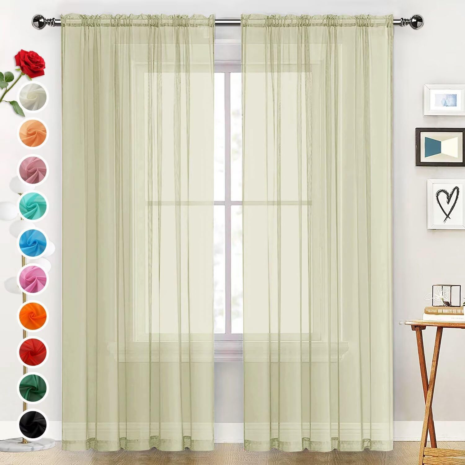 SpaceDresser Basic Rod Pocket Sheer Voile Window Curtain Panels Sage Green 1 Pair 2 Panels 52 Width 72 Inch Long for Kitchen Bedroom Children Living Room Yard（Sage Green, 52W x 72L） — image 1