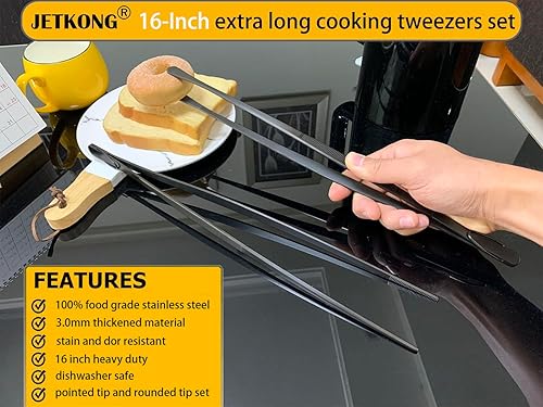 Miniatura 3 de JETKONG 2 pinzas de chapado resistentes de 16 pulgadas, pinzas finas de cocina extralargas, pinzas de cocina grandes de acero inoxidable (negro)