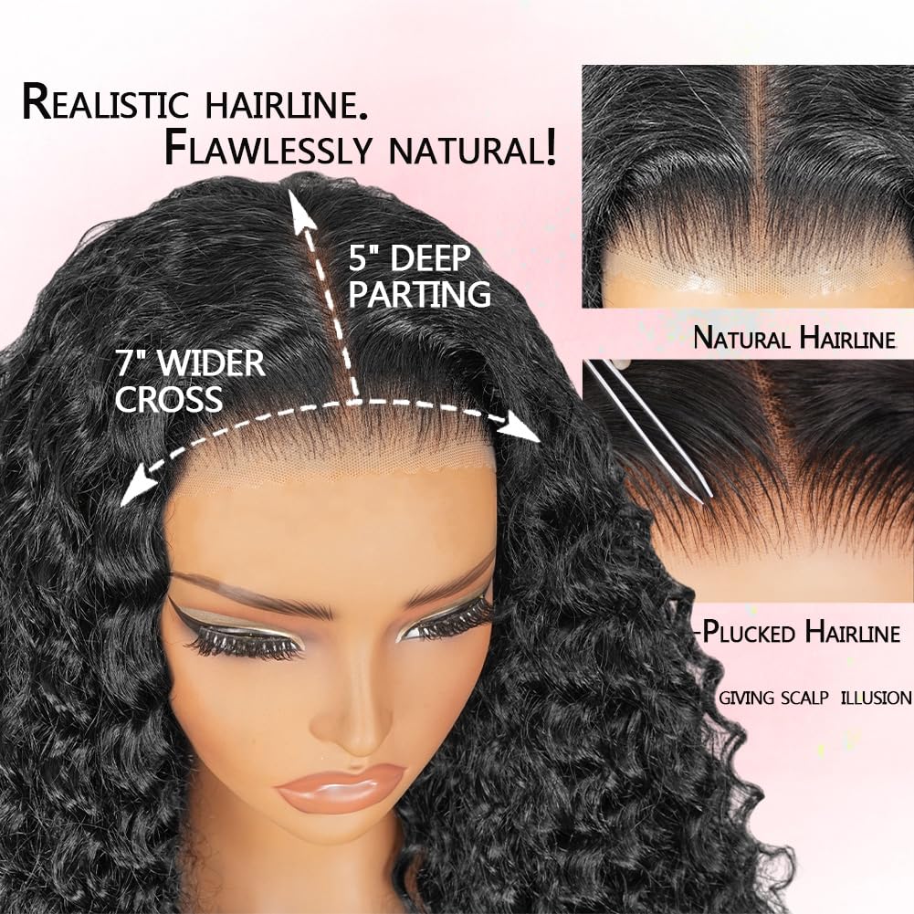 Glueless Wigs Human Hair Pre Plucked Pre Cut 210% Density Deep Wave 7x5 HD Lace Front Wigs Instant Wear and Go 26 Inch No Glue With Drawstring Brazilian Curly Human Hair Wig for Women