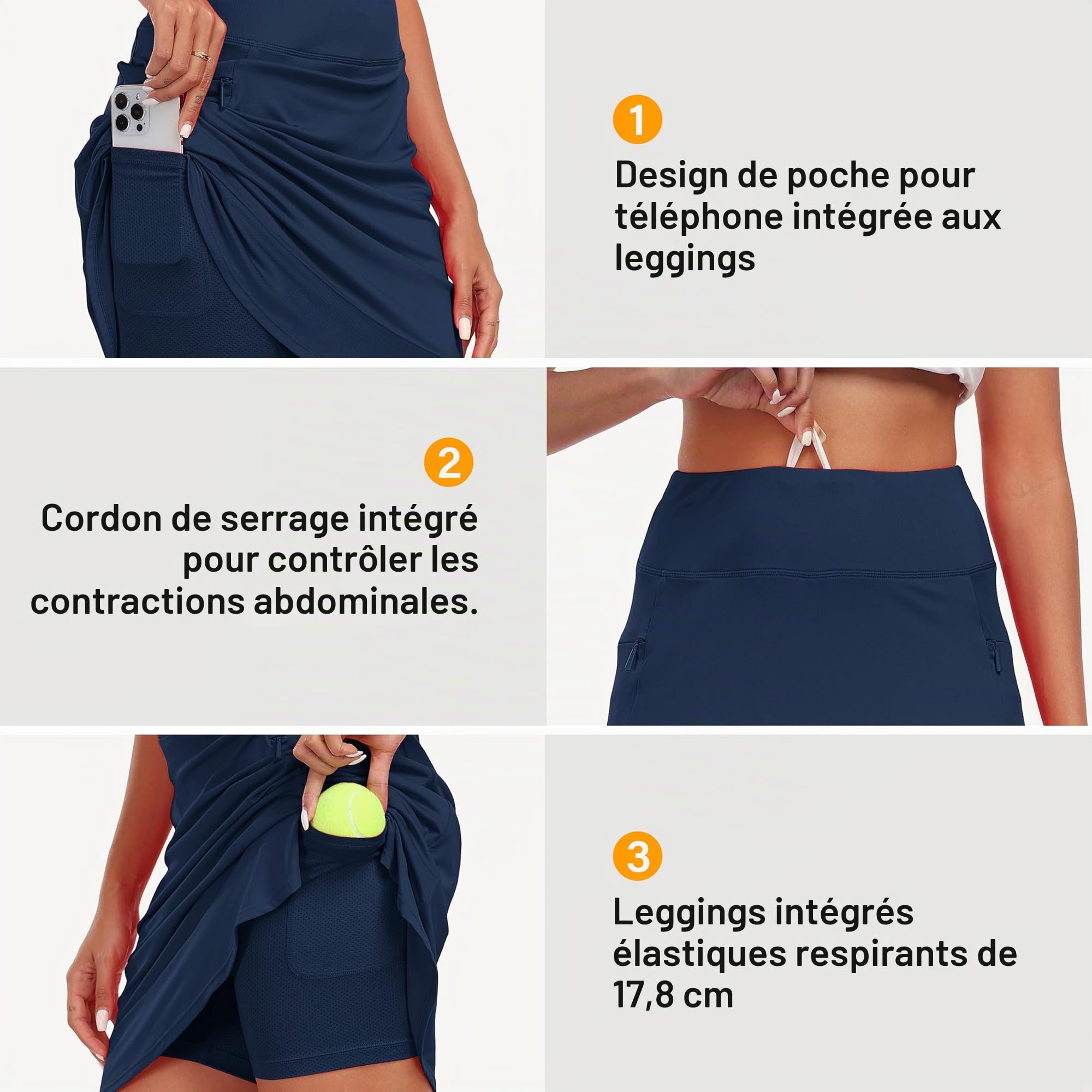 MoFiz Jupe de Tennis Femme avec Short intérieur, Athlétique Golf Skort Longueur Genoux, Jupe de Course été élastique Taille Haute