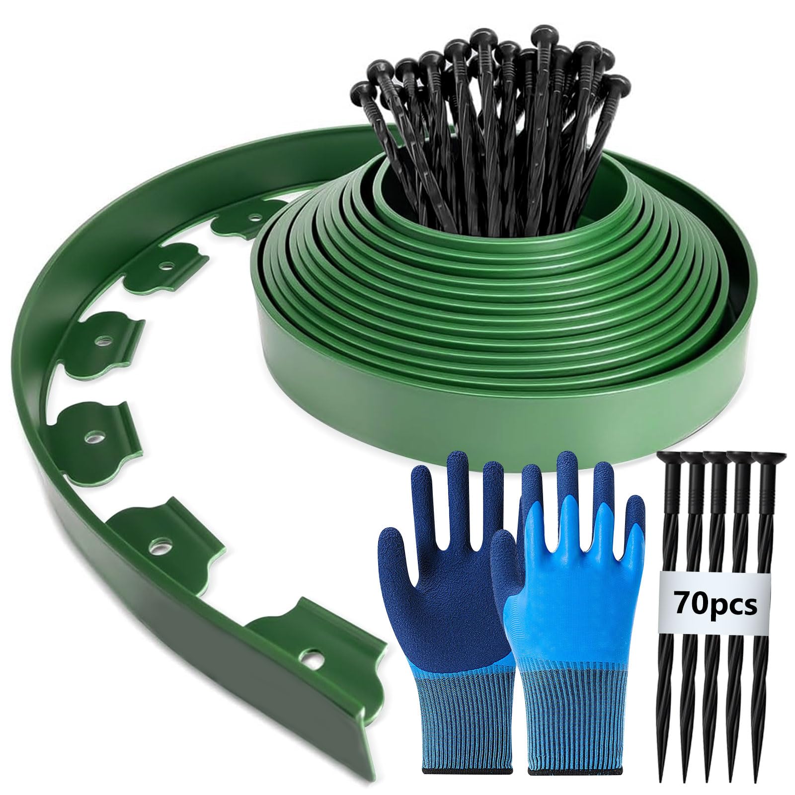Bordo flessibile per prato in plastica, 15 m (L) x 5 cm (A) bordure per prato bordatura per aiuole, con 70 ancoraggi per terra + 1 paio di guanti (Verde)