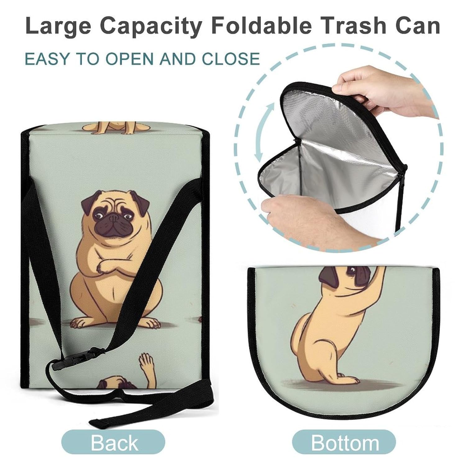 Hanging Car Trash Bag Protable Trash Can Yoga Pug Waterproof Garbage Bin for Car