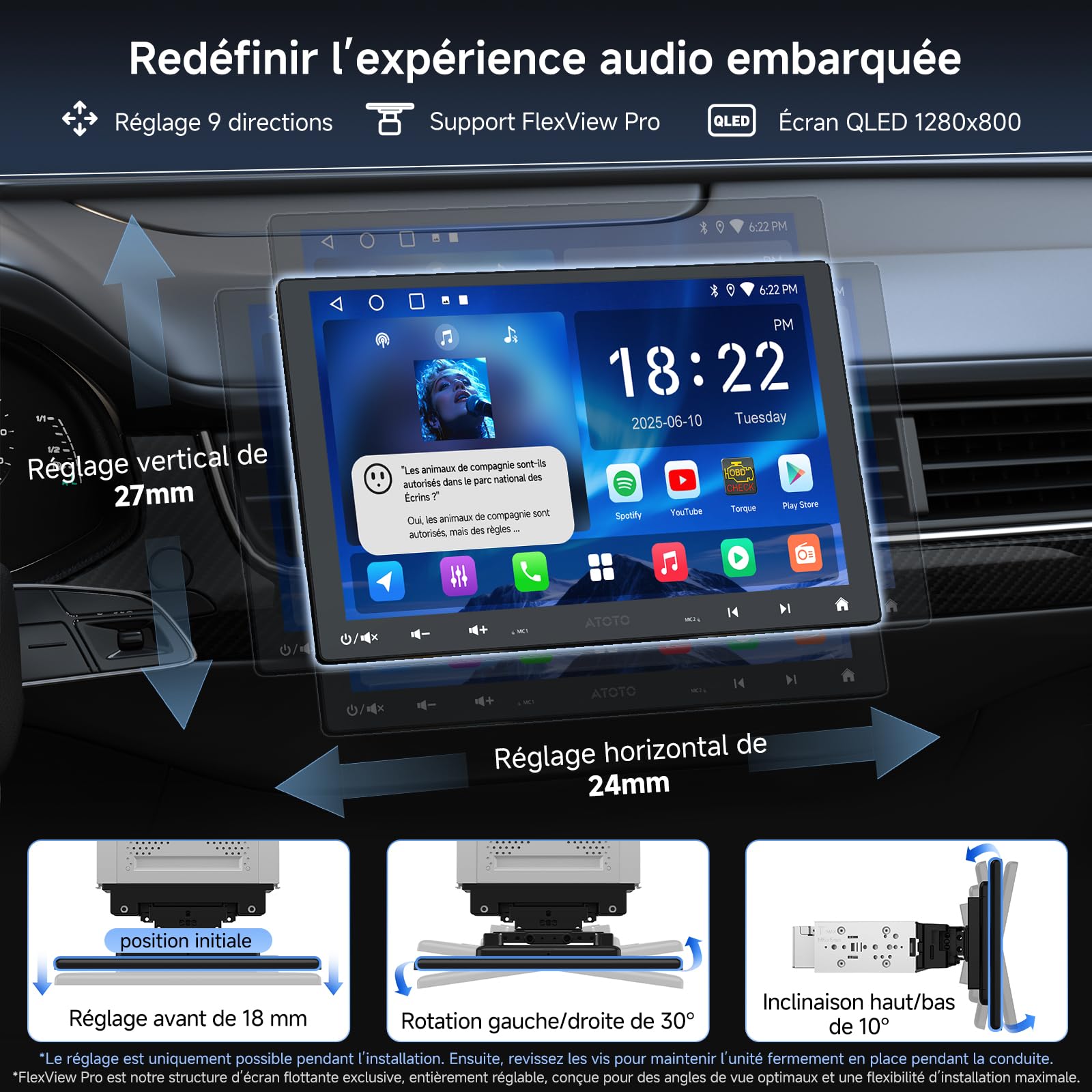 A5L 10.1 Pouces 2 DIN & 1 DIN Adaptatif Autoradio Android, Écran Flottant Voiture, CarPlay & Android Auto sans Fil, 24 Bandes, Suivi GPS, Caméra de Recul, HD LRV, 2G+32G, DSP/FM/RDS