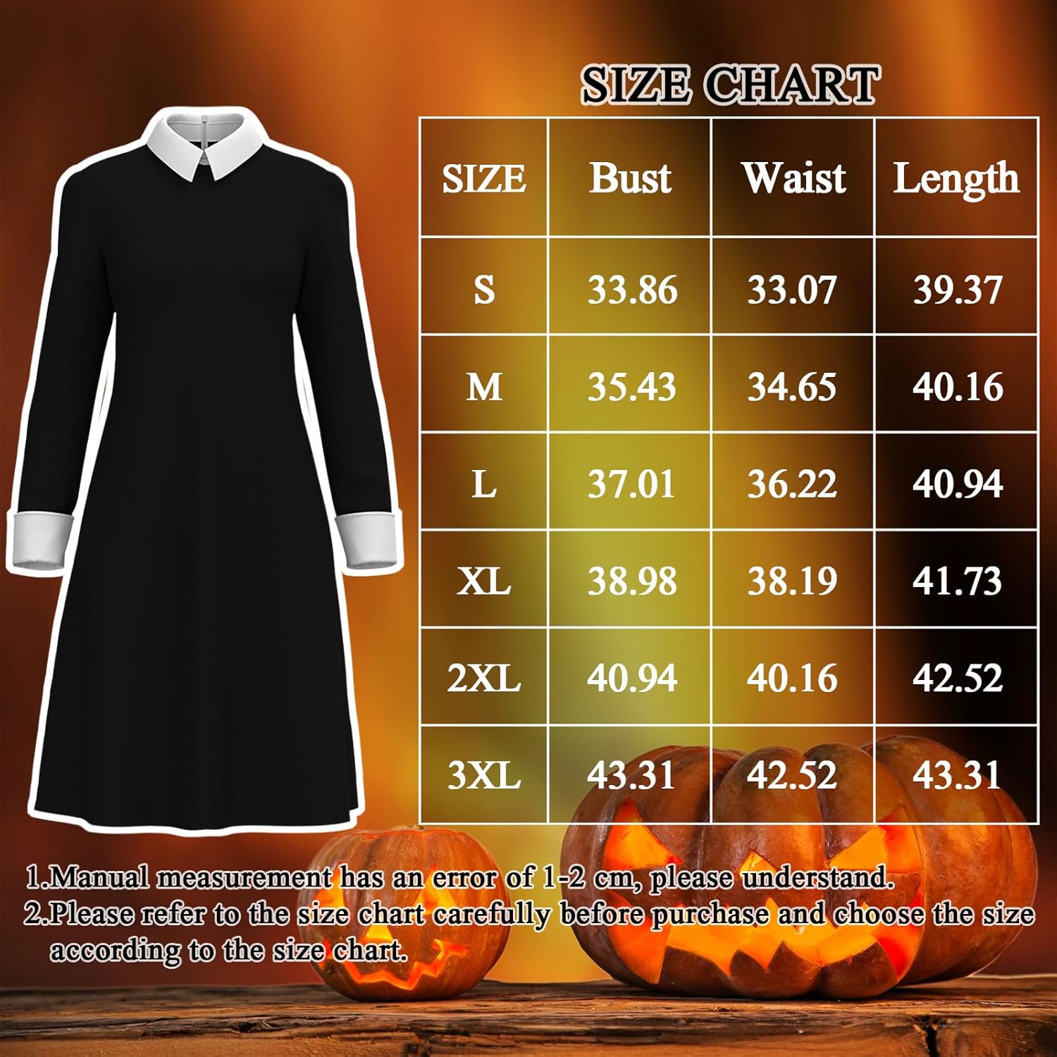 Halloween Costumes for Women White Collar Long Sleeve A-Line Black Dress, Black Costume with Socks - Image 6